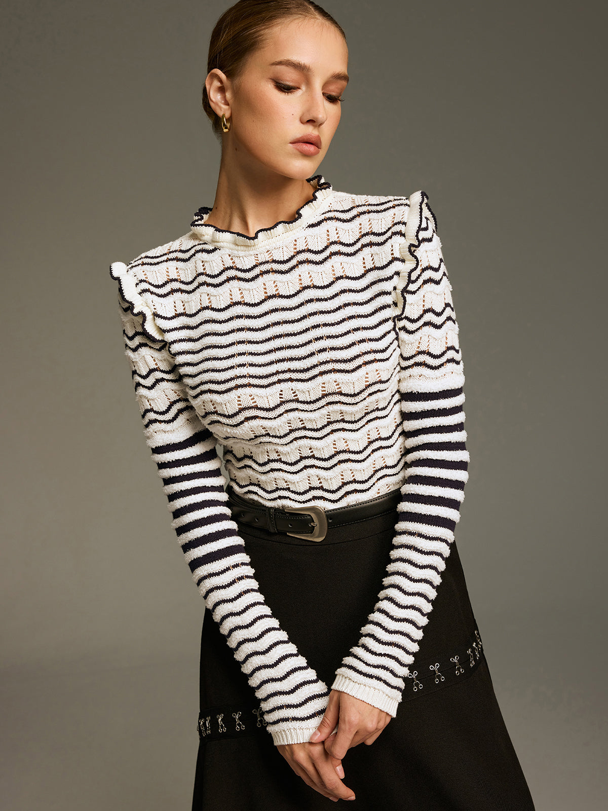 Ruffled Striped Openwork Knit Top Women Trendy Comfort Fit