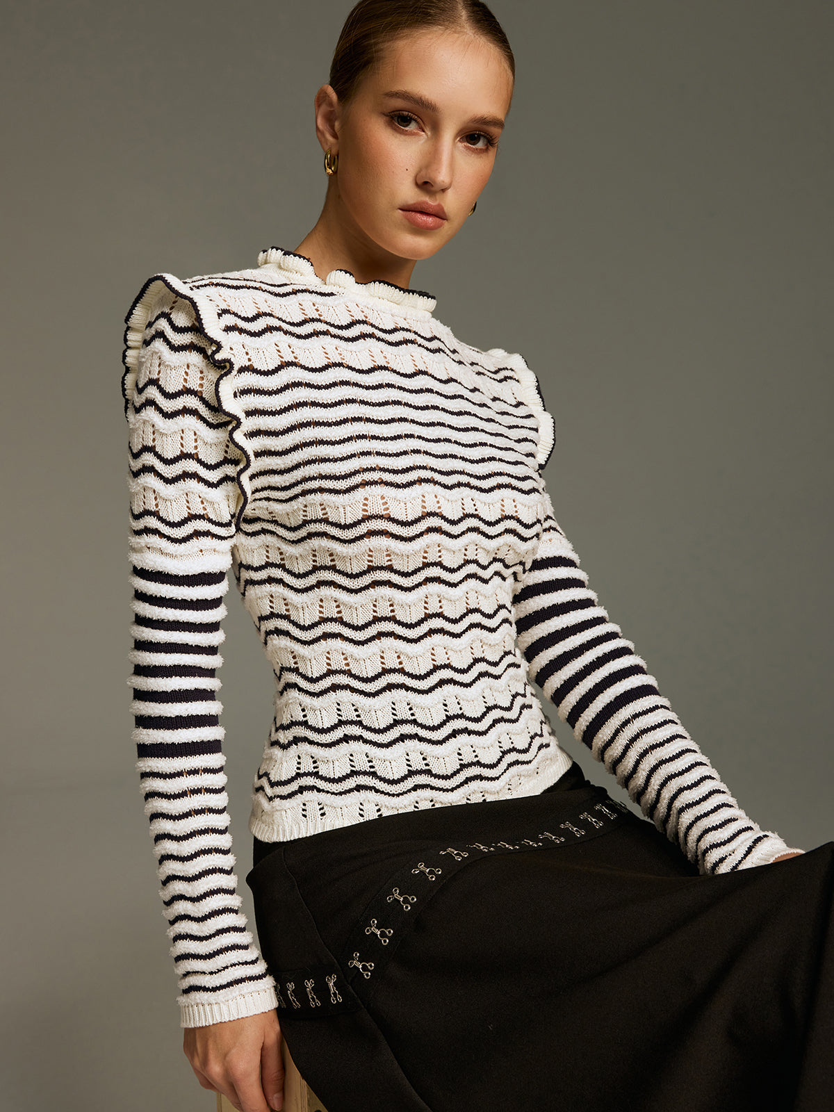 Ruffled Striped Openwork Knit Top Women Trendy Comfort Fit