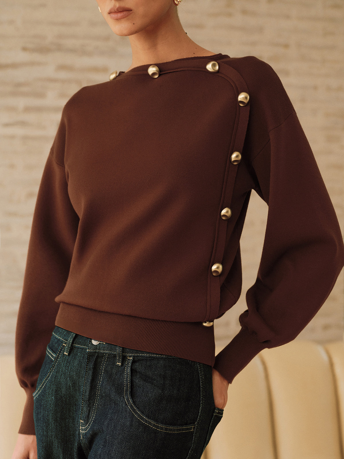 Asymmetric Metal Detail Sweater with Elegant Ribbed Trim