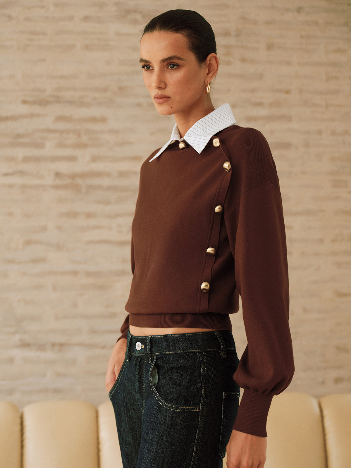 Asymmetric Metal Detail Sweater with Elegant Ribbed Trim