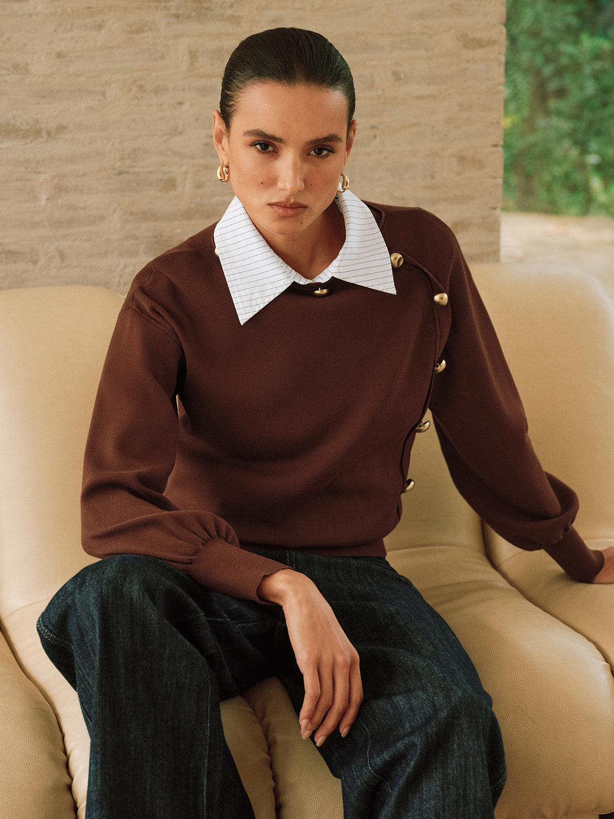Asymmetric Metal Detail Sweater with Elegant Ribbed Trim