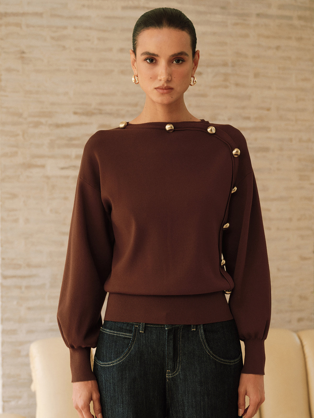 Asymmetric Metal Detail Sweater with Elegant Ribbed Trim