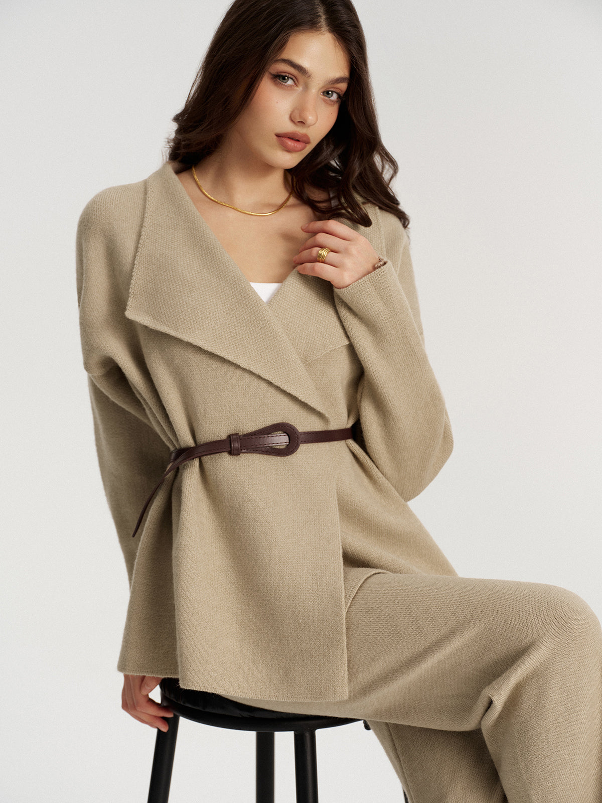 Belted Knit Blazer and Pants Set for Women Casual Workwear