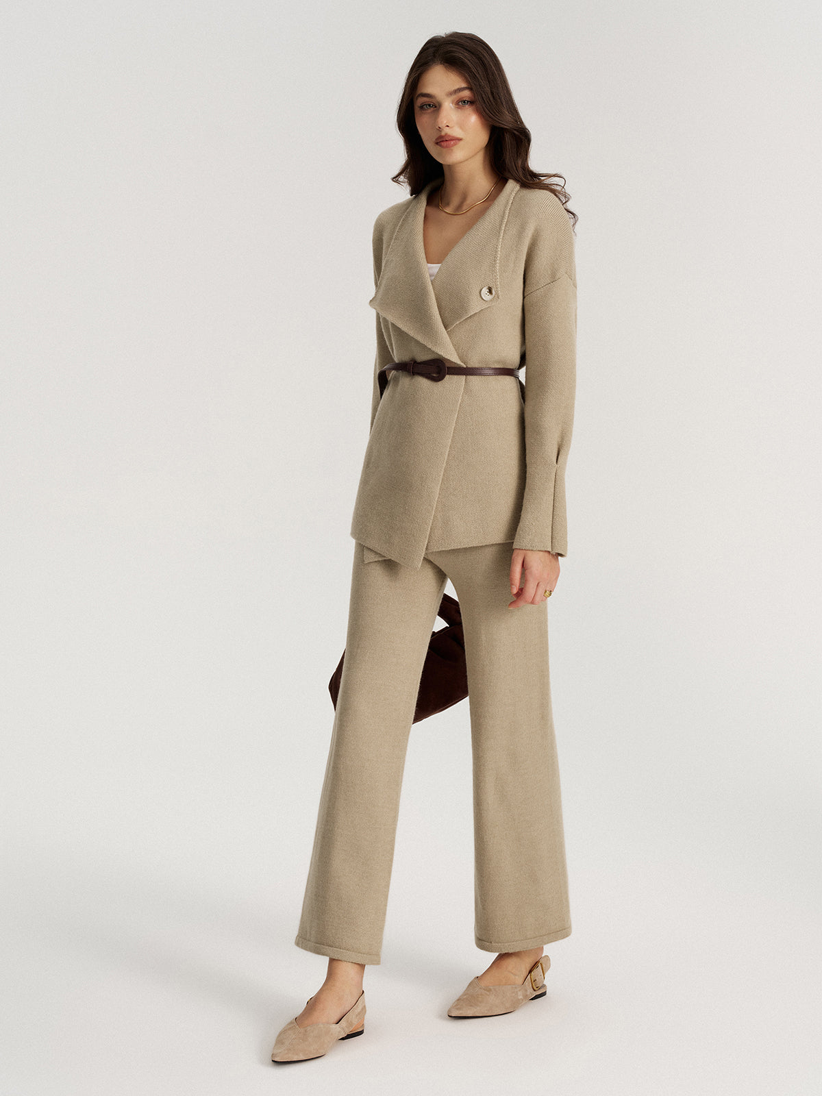 Belted Knit Blazer and Pants Set for Women Casual Workwear