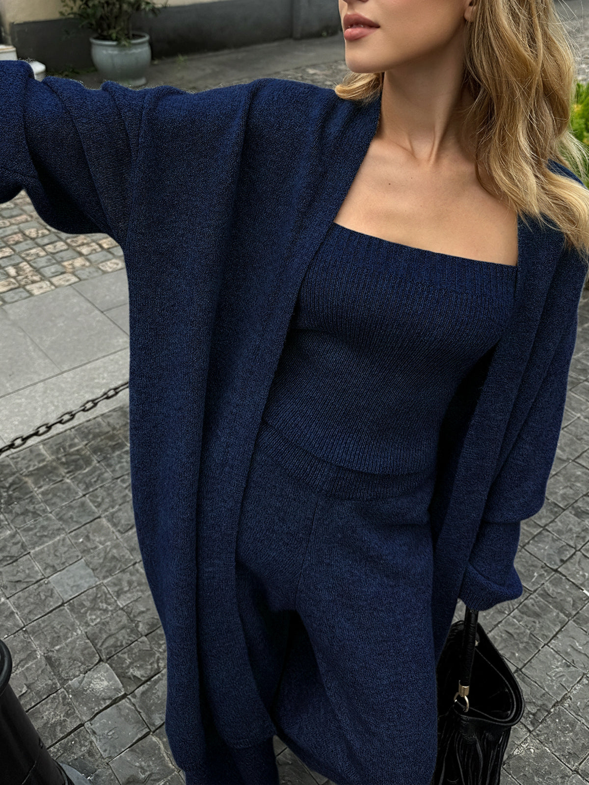 Three-Piece Knit Bustier Cardigan Pants Set for Women's Casual Wear