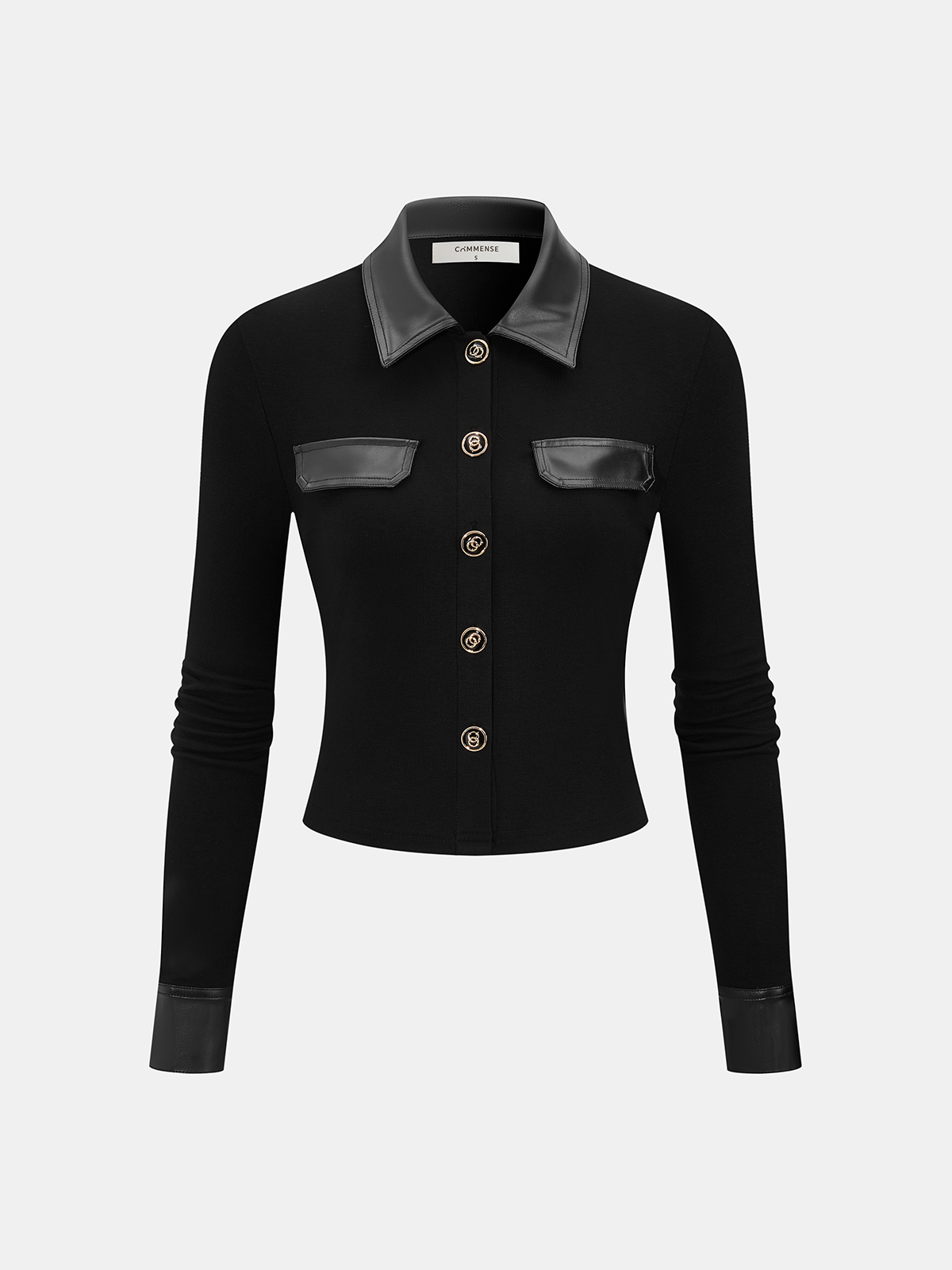 Faux Leather Panel Button-Front Knit Top with Long Sleeves and V-Neck Styling