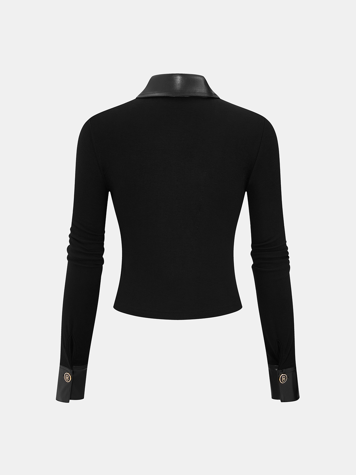 Faux Leather Panel Button-Front Knit Top with Long Sleeves and V-Neck Styling