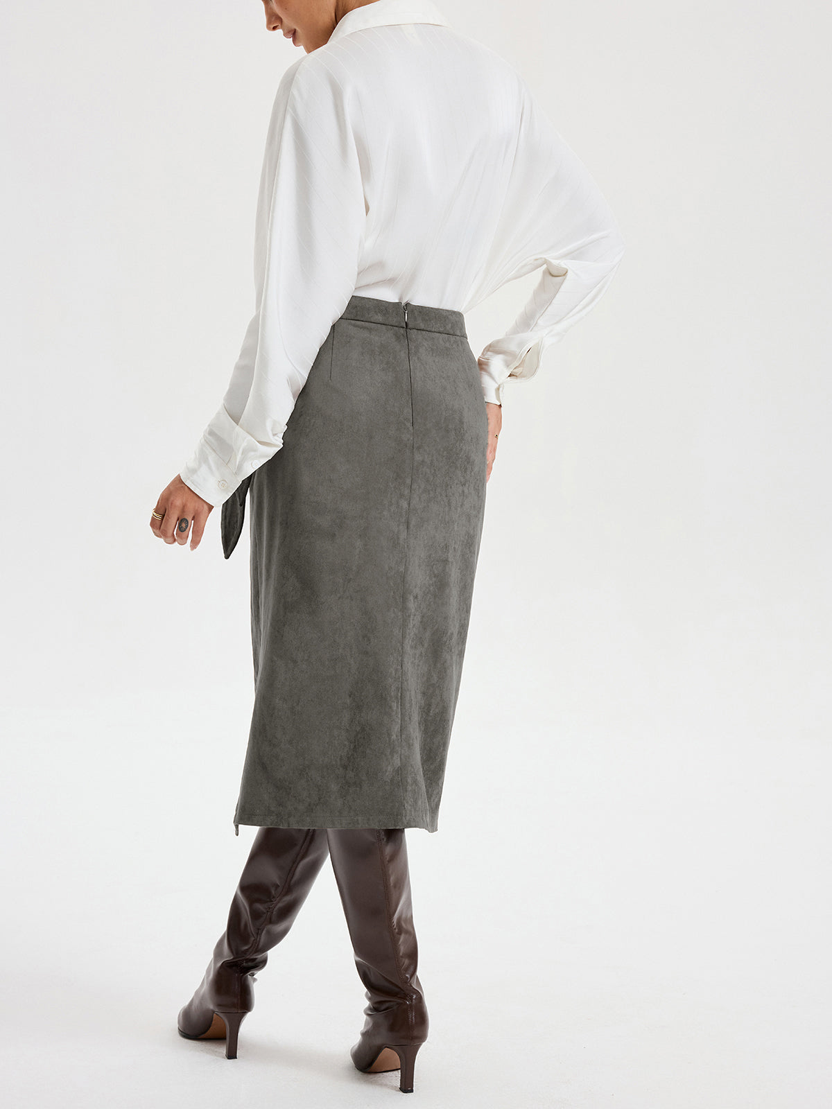 Tie Knot Suede Effect Midi Skirt for Women Casual Chic