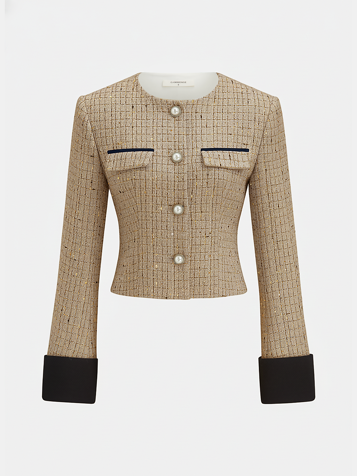 Contrast Cuff Pearl Button Tweed Jacket - Elegant Women's Classic Style Outerwear