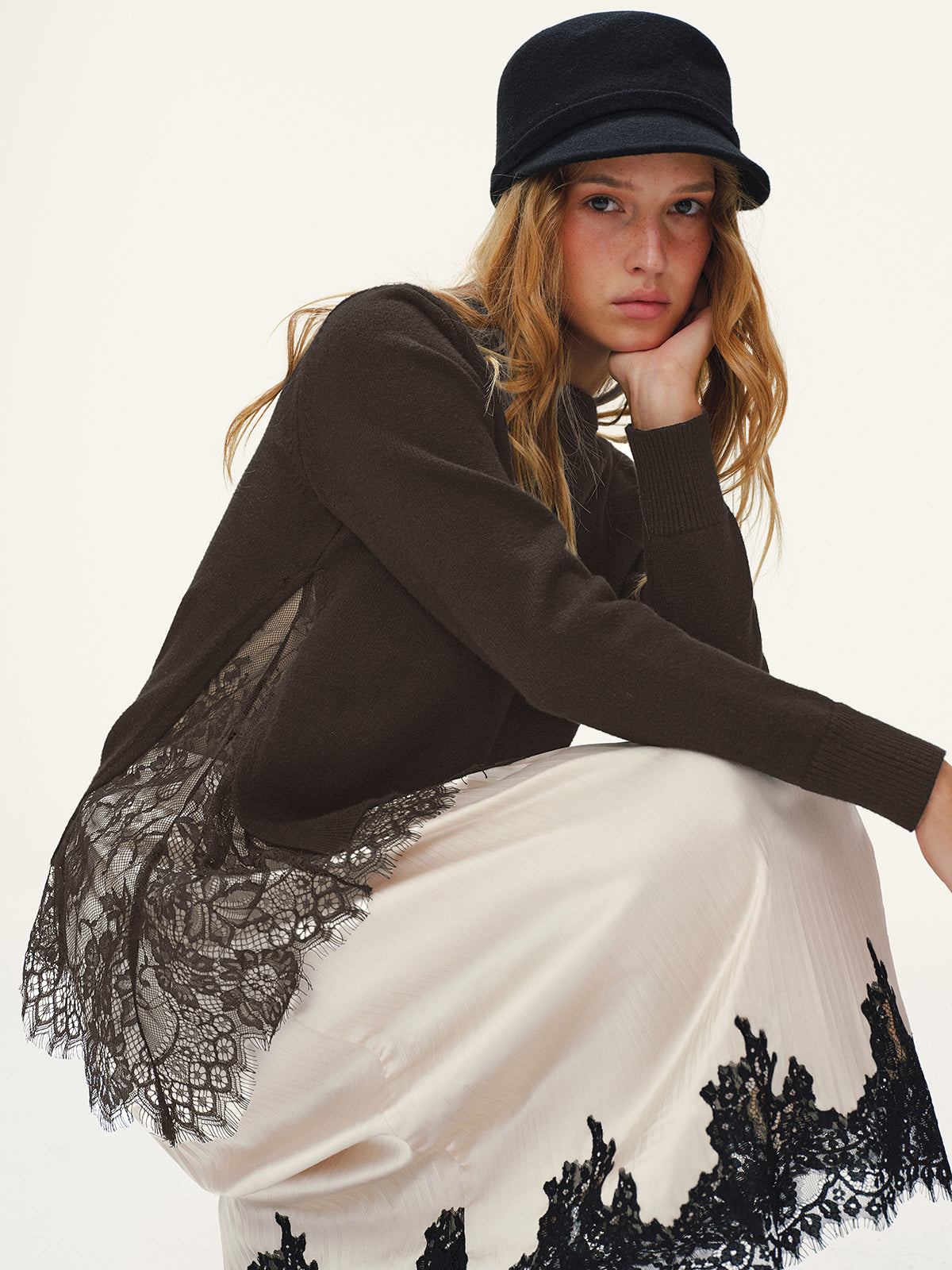Lace Panel Knitted Sweater for Women Casual Fit