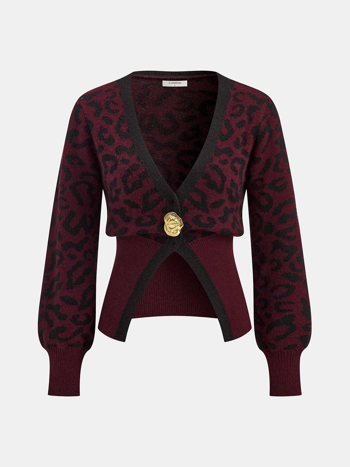 Metal Button Leopard Print Knit Top with Long Sleeves and Crew Neck