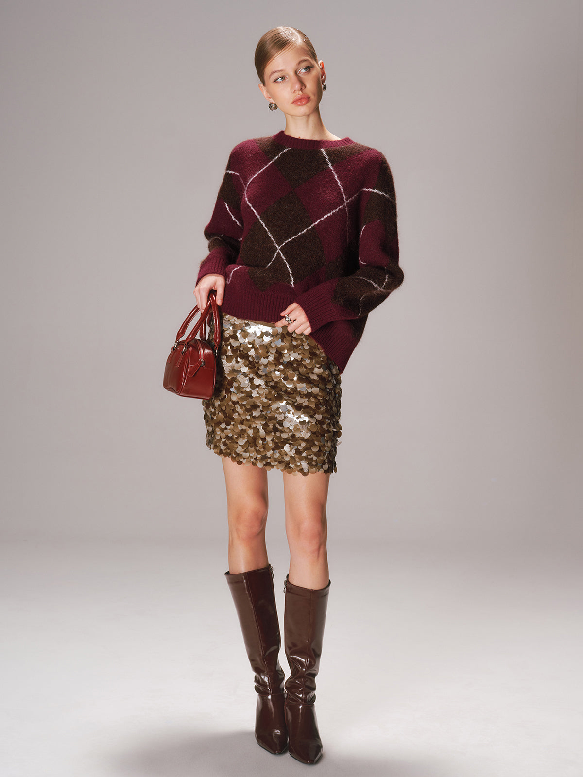 Crew Neck Argyle Wool-Blend Sweater for Men, Cozy Winter Wear