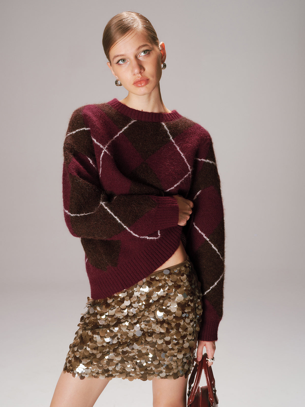 Crew Neck Argyle Wool-Blend Sweater for Men, Cozy Winter Wear