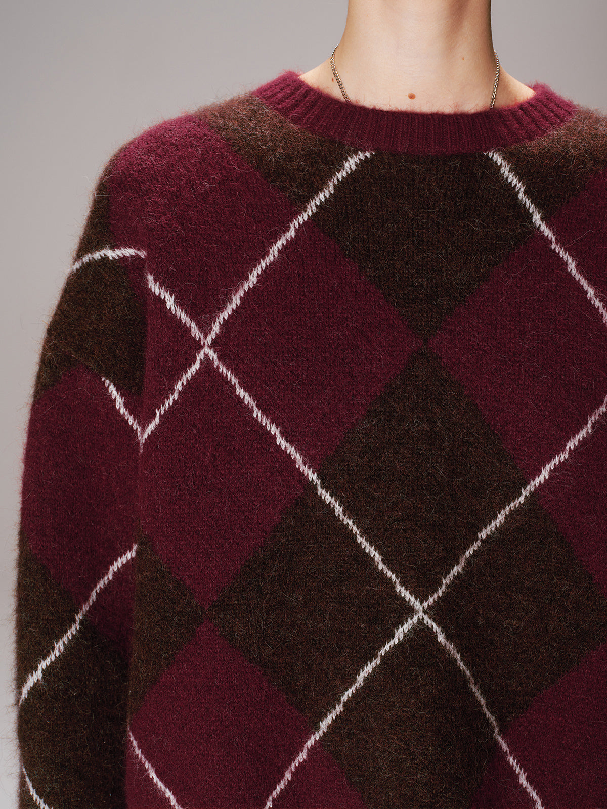 Crew Neck Argyle Wool-Blend Sweater for Men, Cozy Winter Wear