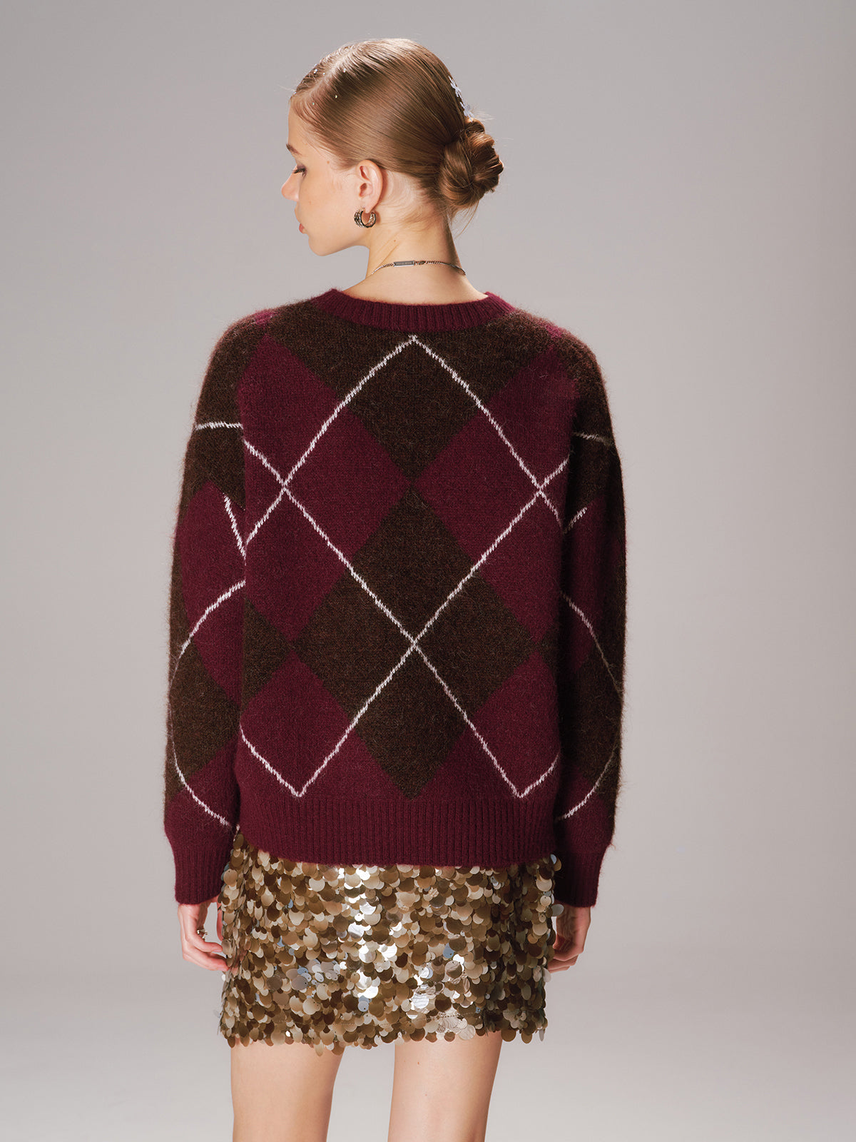 Crew Neck Argyle Wool-Blend Sweater for Men, Cozy Winter Wear