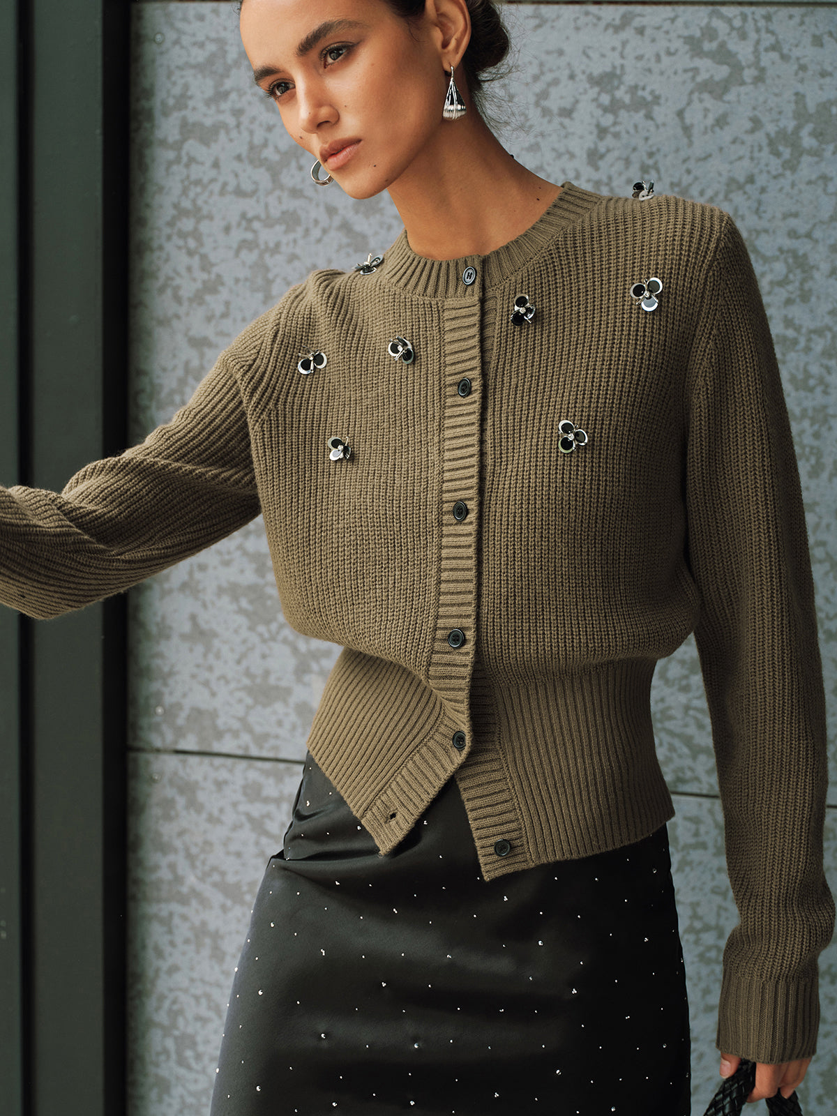 Embellished Button-Front Knit Cardigan with Pockets for Women