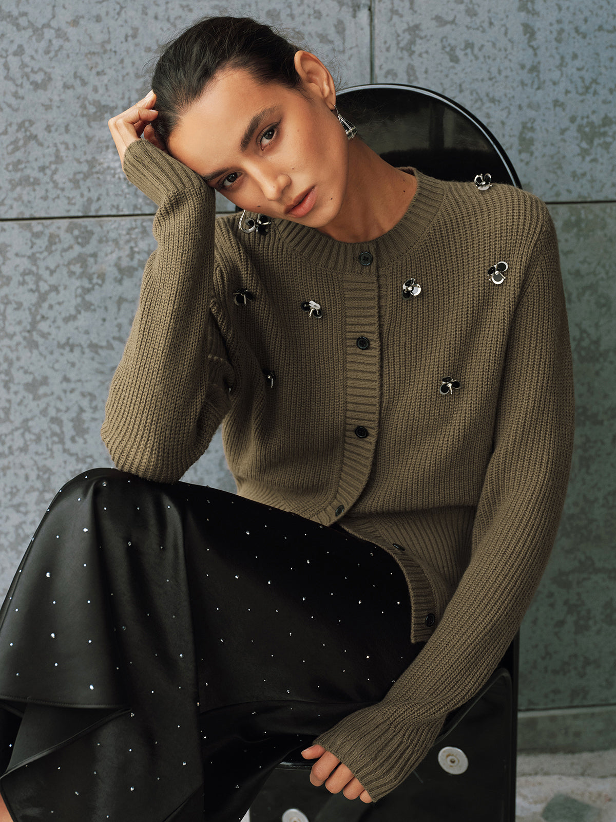 Embellished Button-Front Knit Cardigan with Pockets for Women