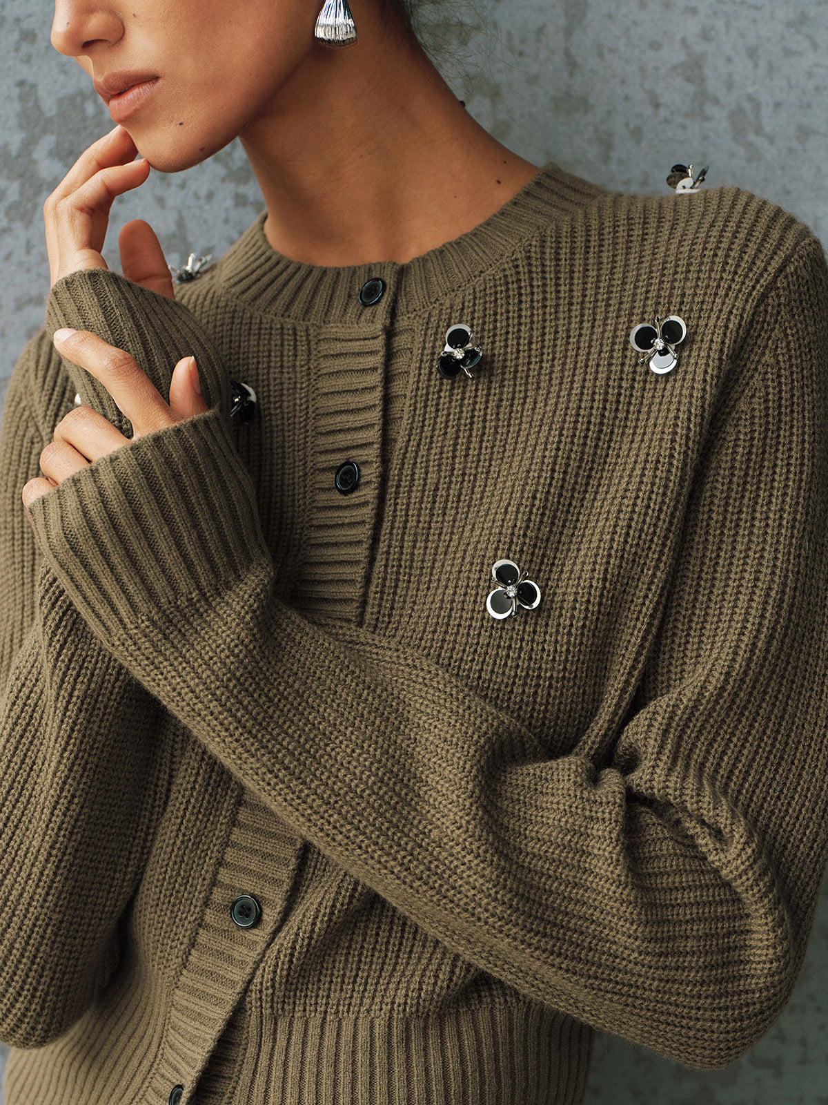 Embellished Button-Front Knit Cardigan with Pockets for Women