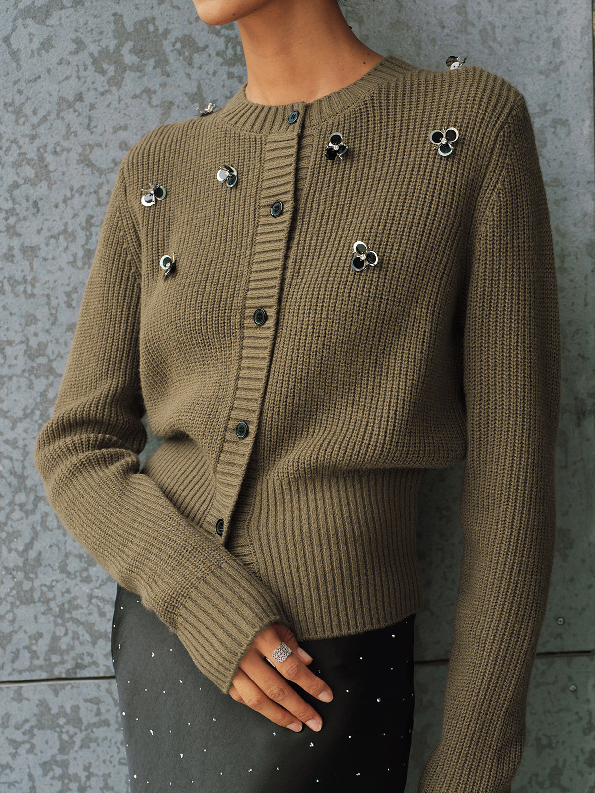 Embellished Button-Front Knit Cardigan with Pockets for Women
