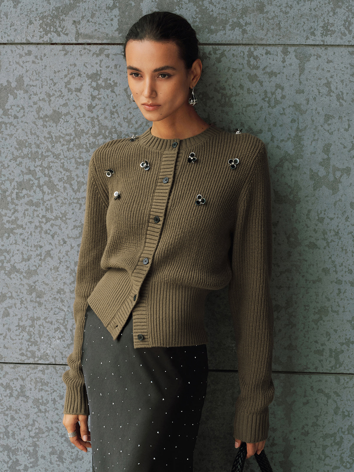 Embellished Button-Front Knit Cardigan with Pockets for Women
