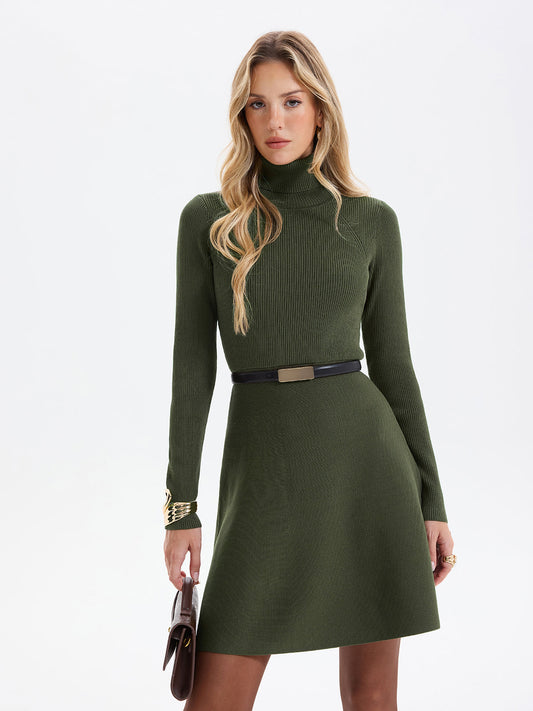 Belted Ribbed Turtleneck Knit Mini Dress - Cozy Winter Fashion Essential