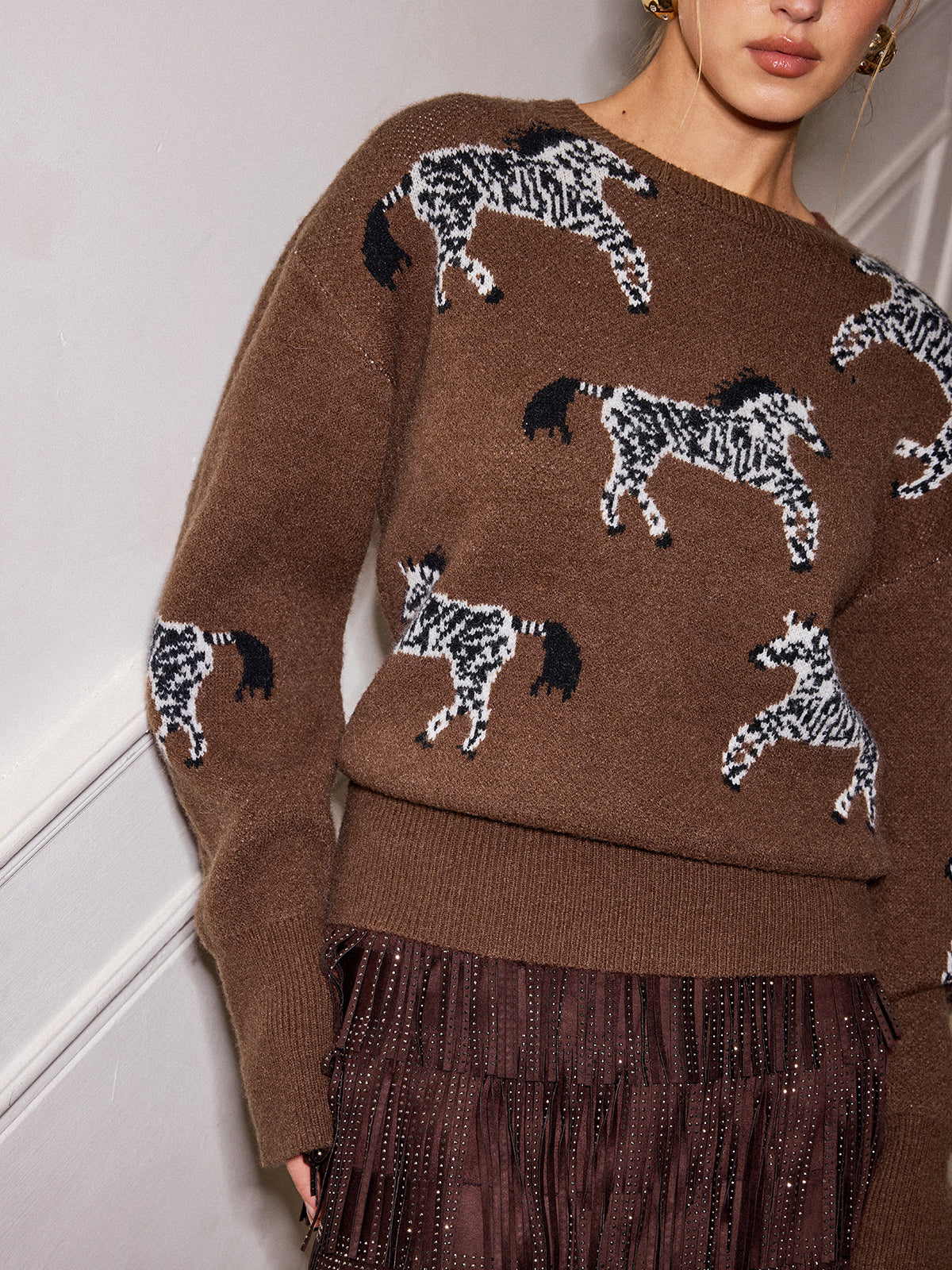 Zebra Pattern Knit Sweater Comfortable Casual Pullover Style