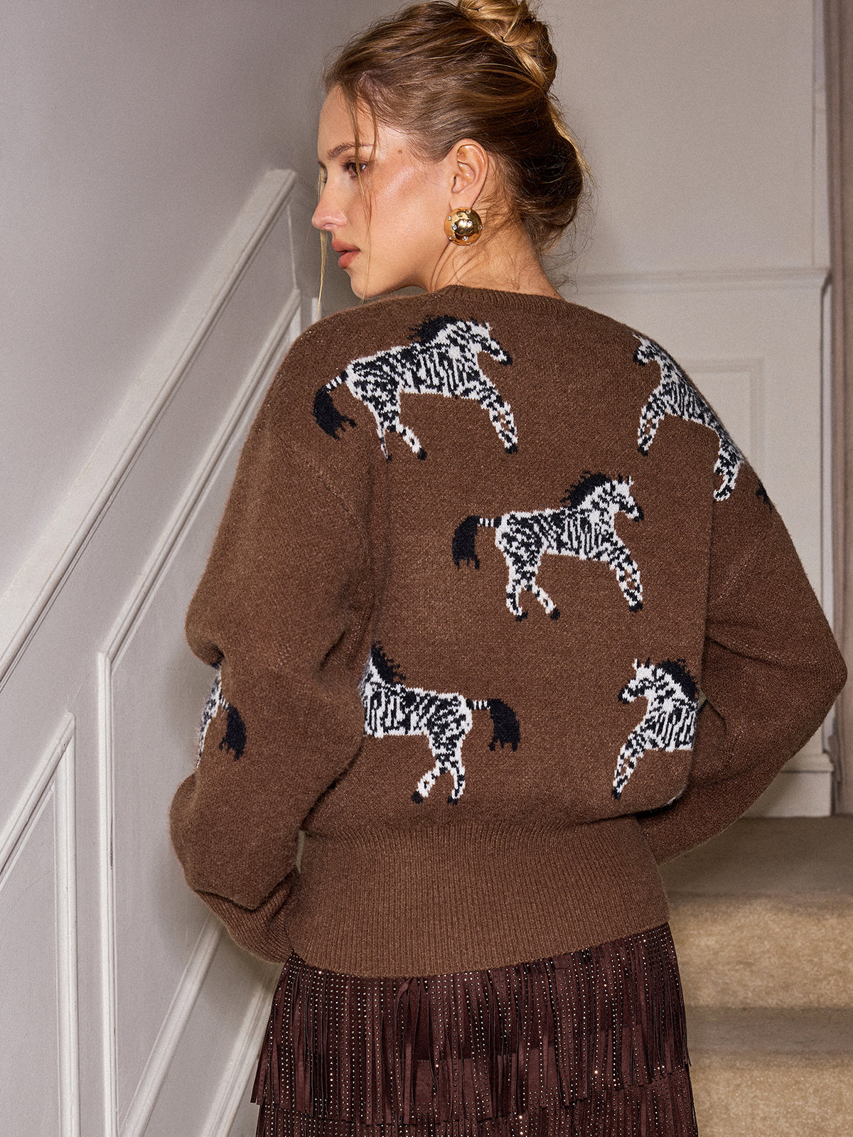 Zebra Pattern Knit Sweater Comfortable Casual Pullover Style