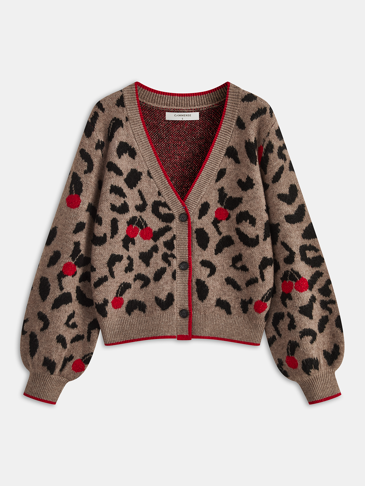 Cherry Leopard Print Long Sleeve Knit Cardigan for Women