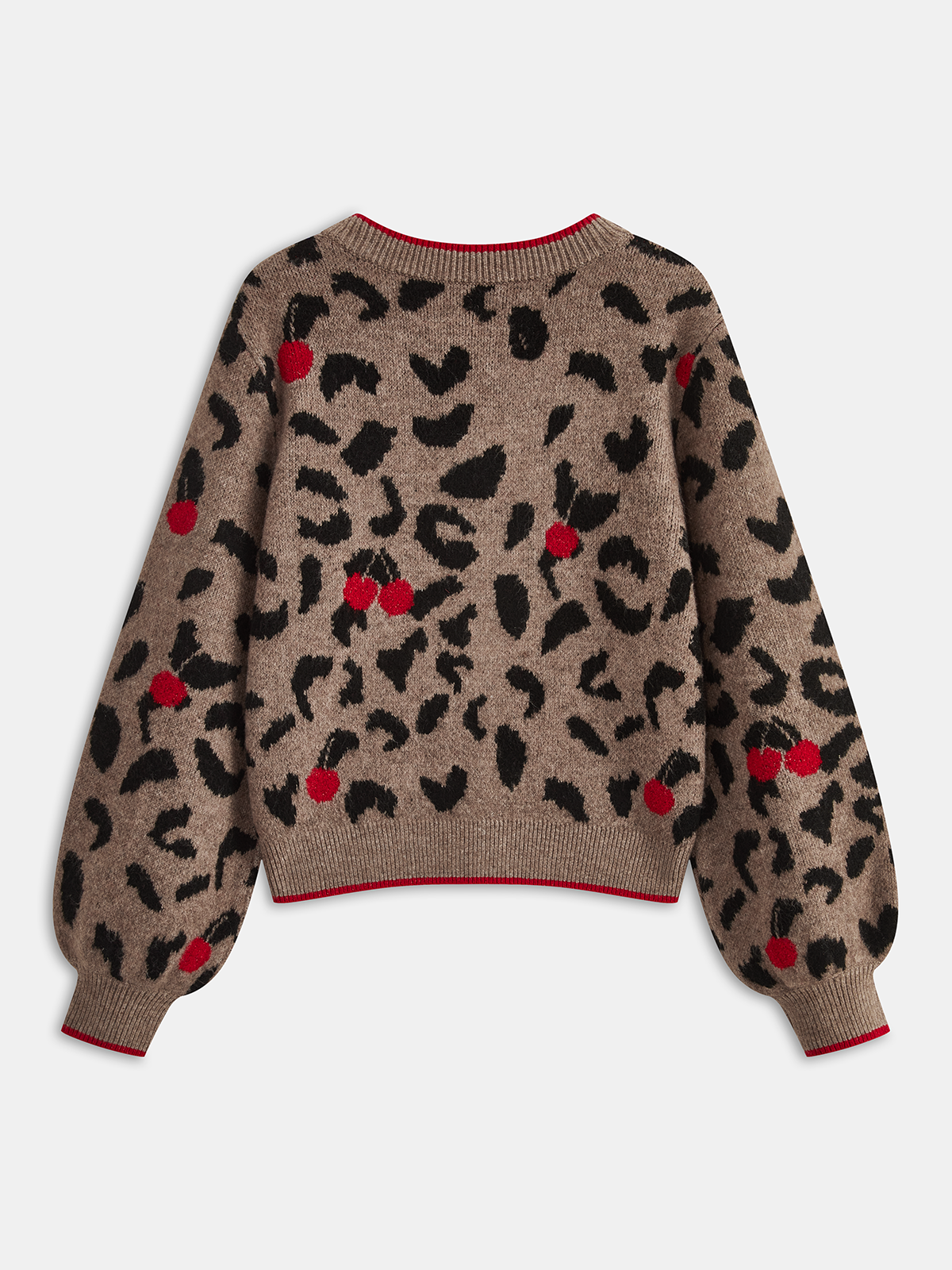 Cherry Leopard Print Long Sleeve Knit Cardigan for Women
