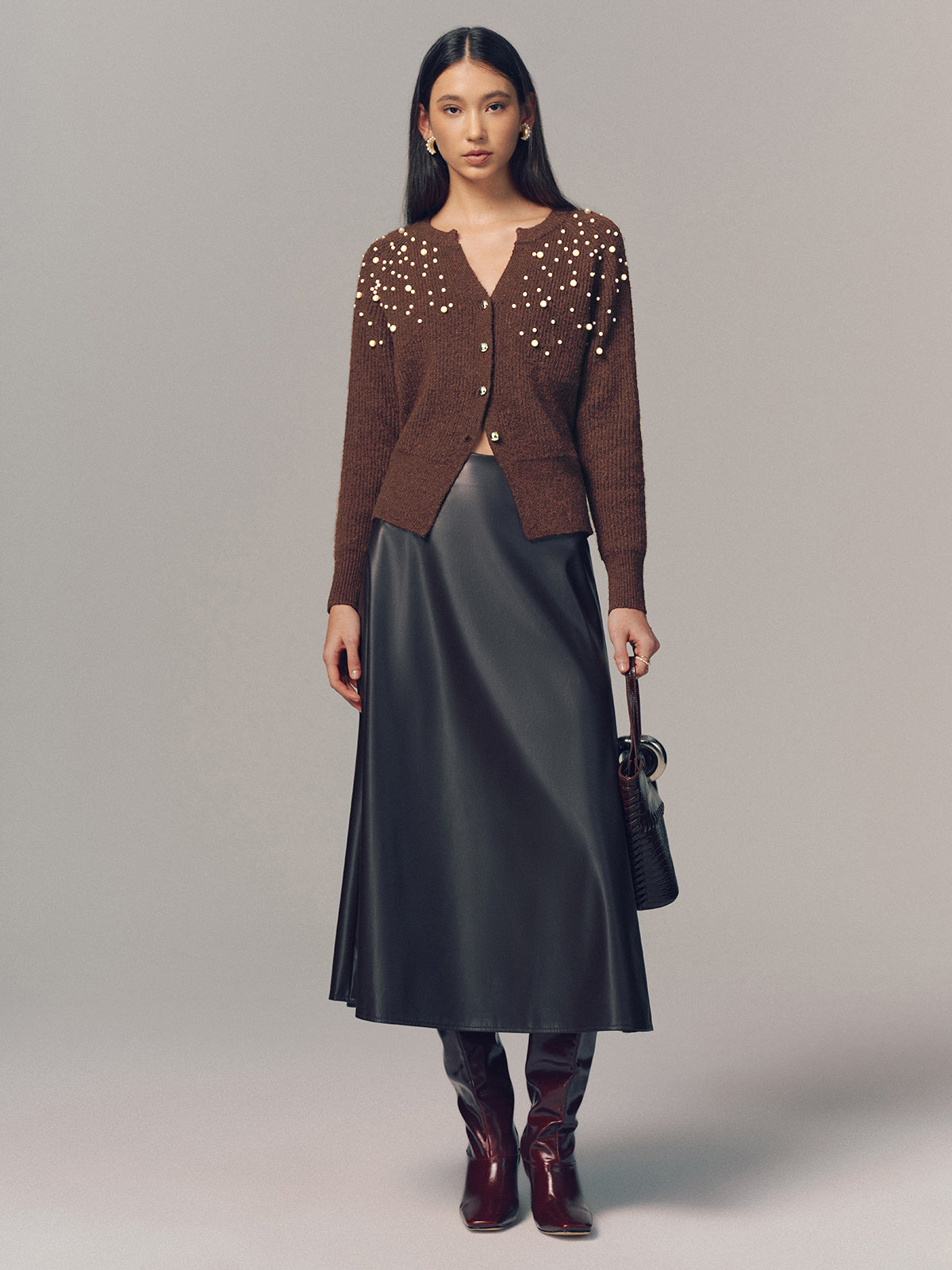 Pearl Embellished Wool Blend Cardigan with Elegant Button Details