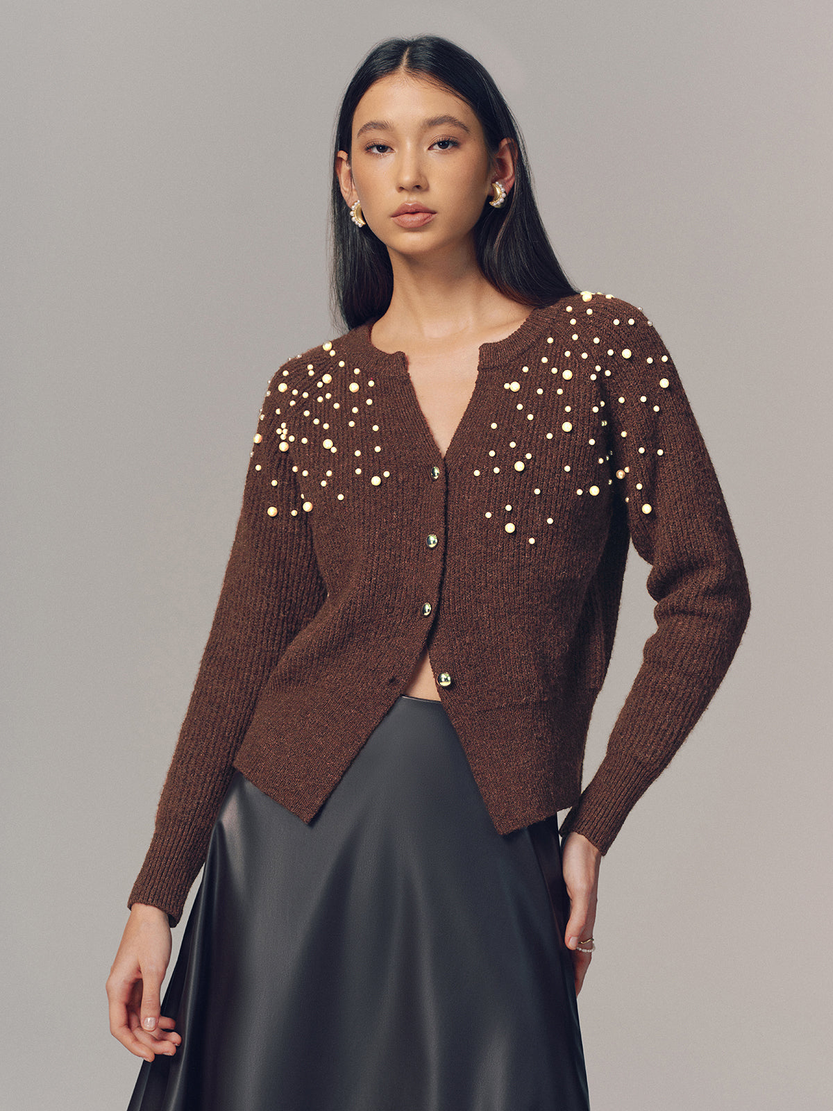 Pearl Embellished Wool Blend Cardigan with Elegant Button Details