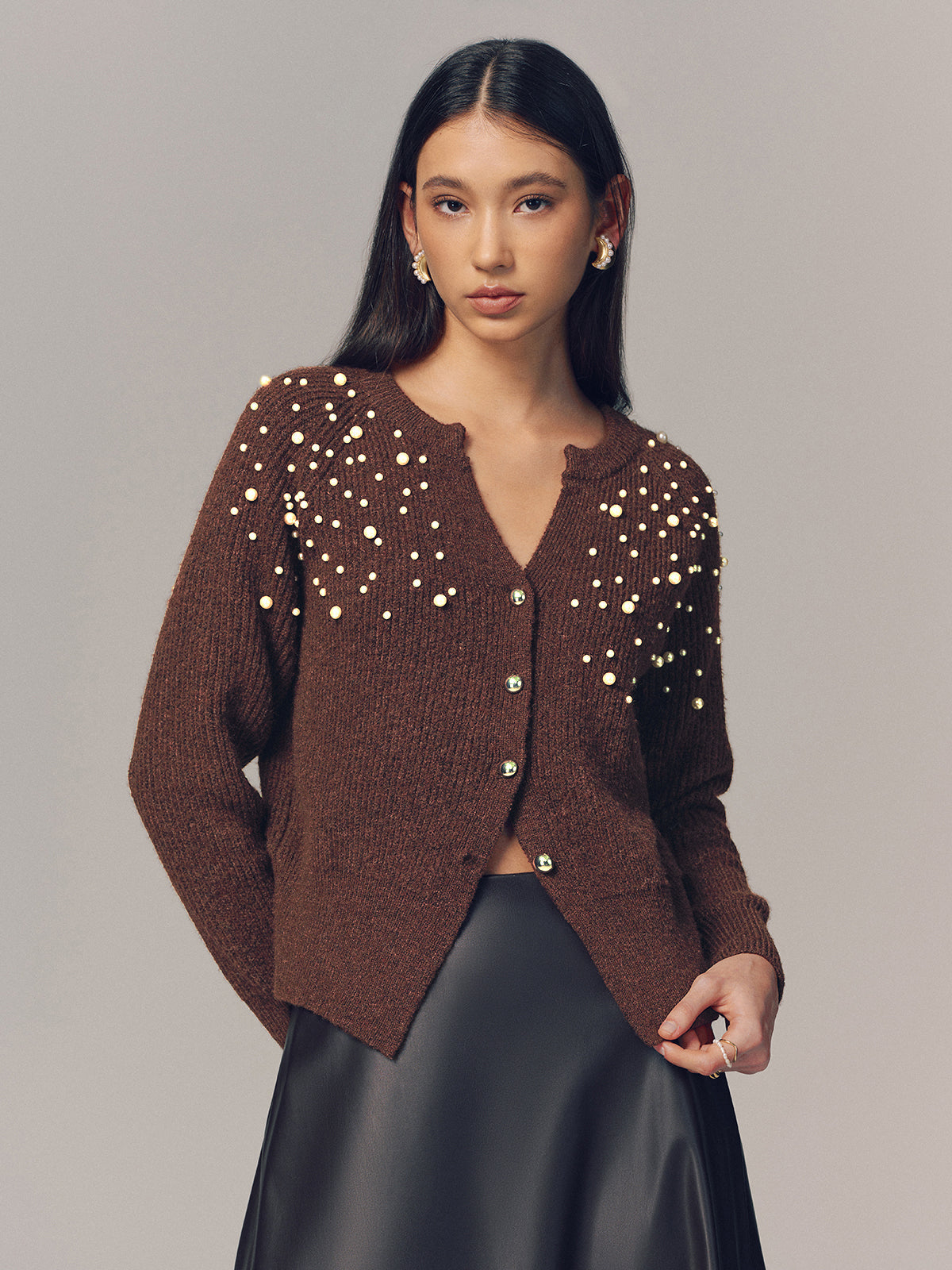Pearl Embellished Wool Blend Cardigan with Elegant Button Details