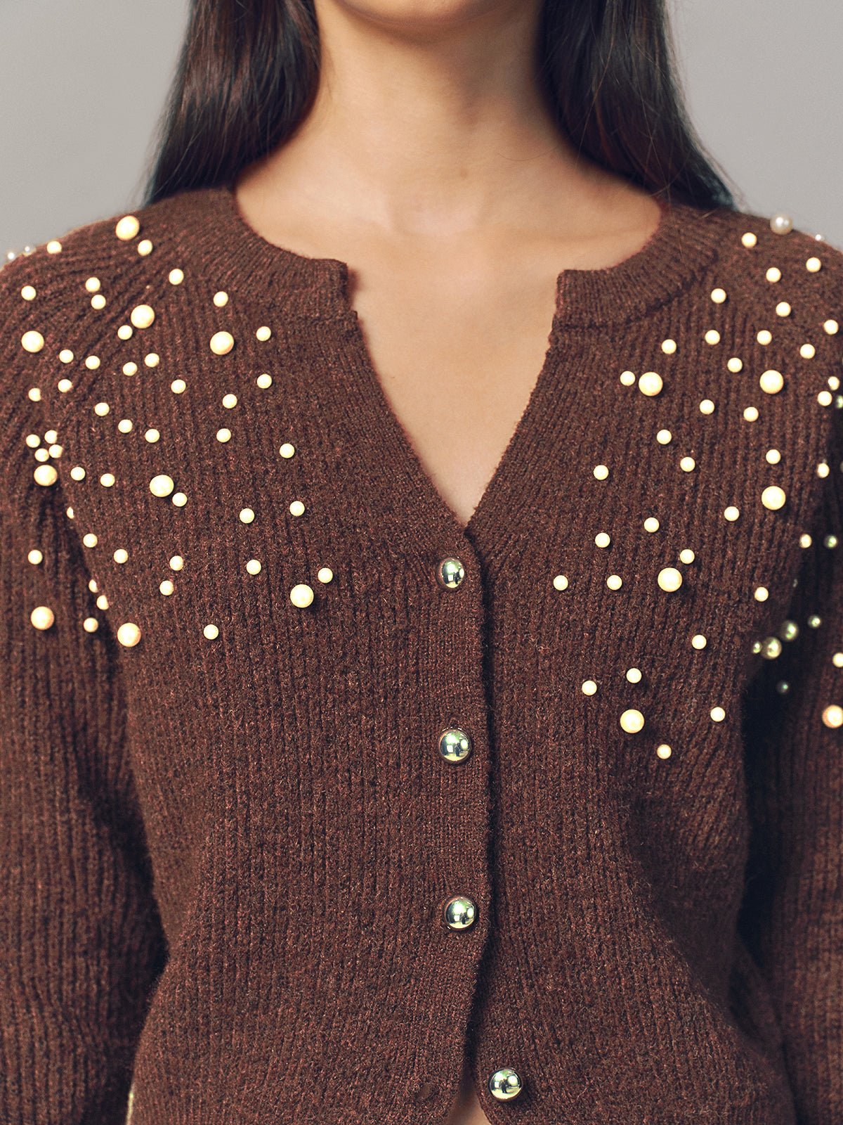 Pearl Embellished Wool Blend Cardigan with Elegant Button Details