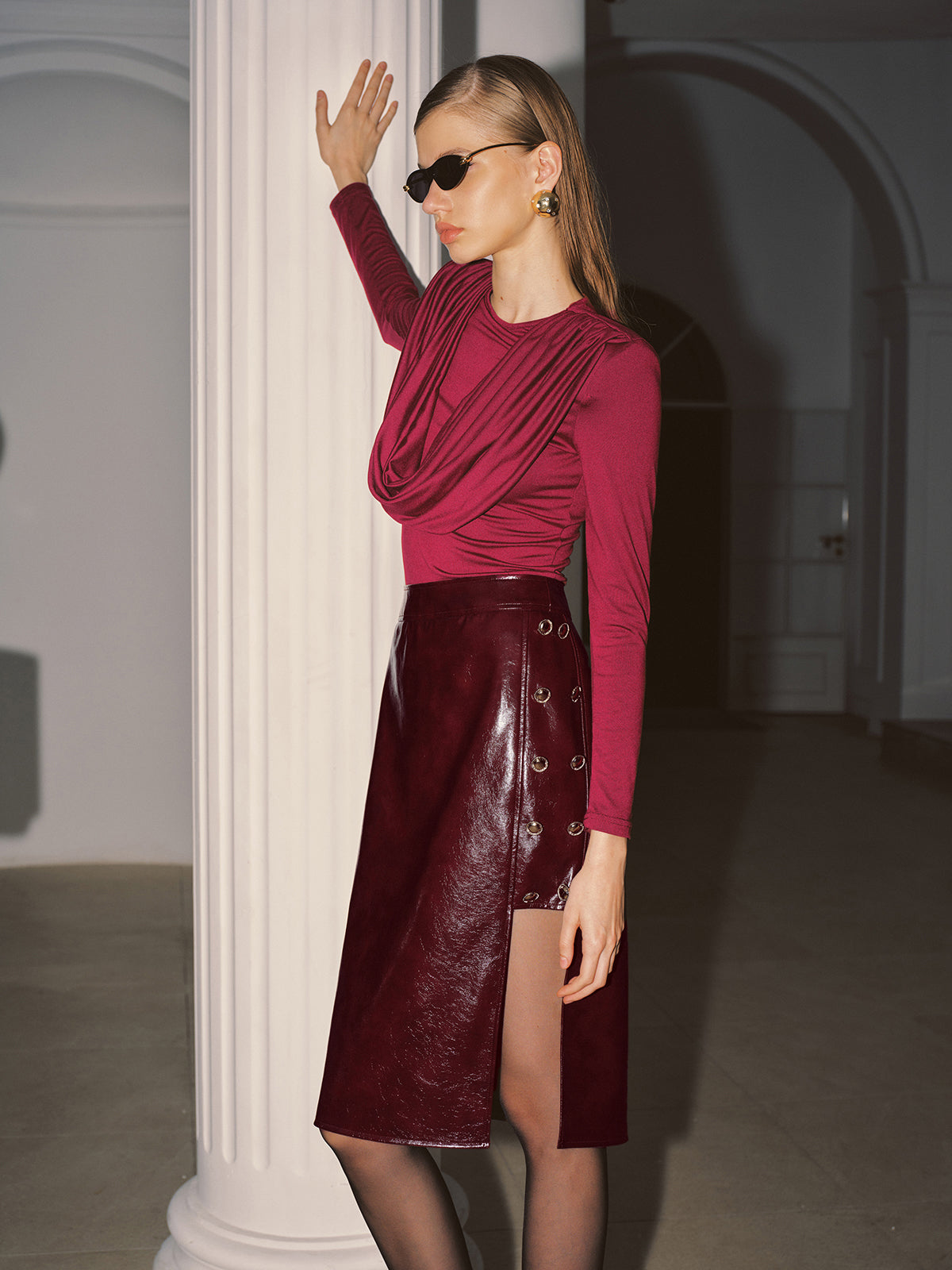 Metal Detail Side Slit Faux Leather Midi Skirt for Stylish Women