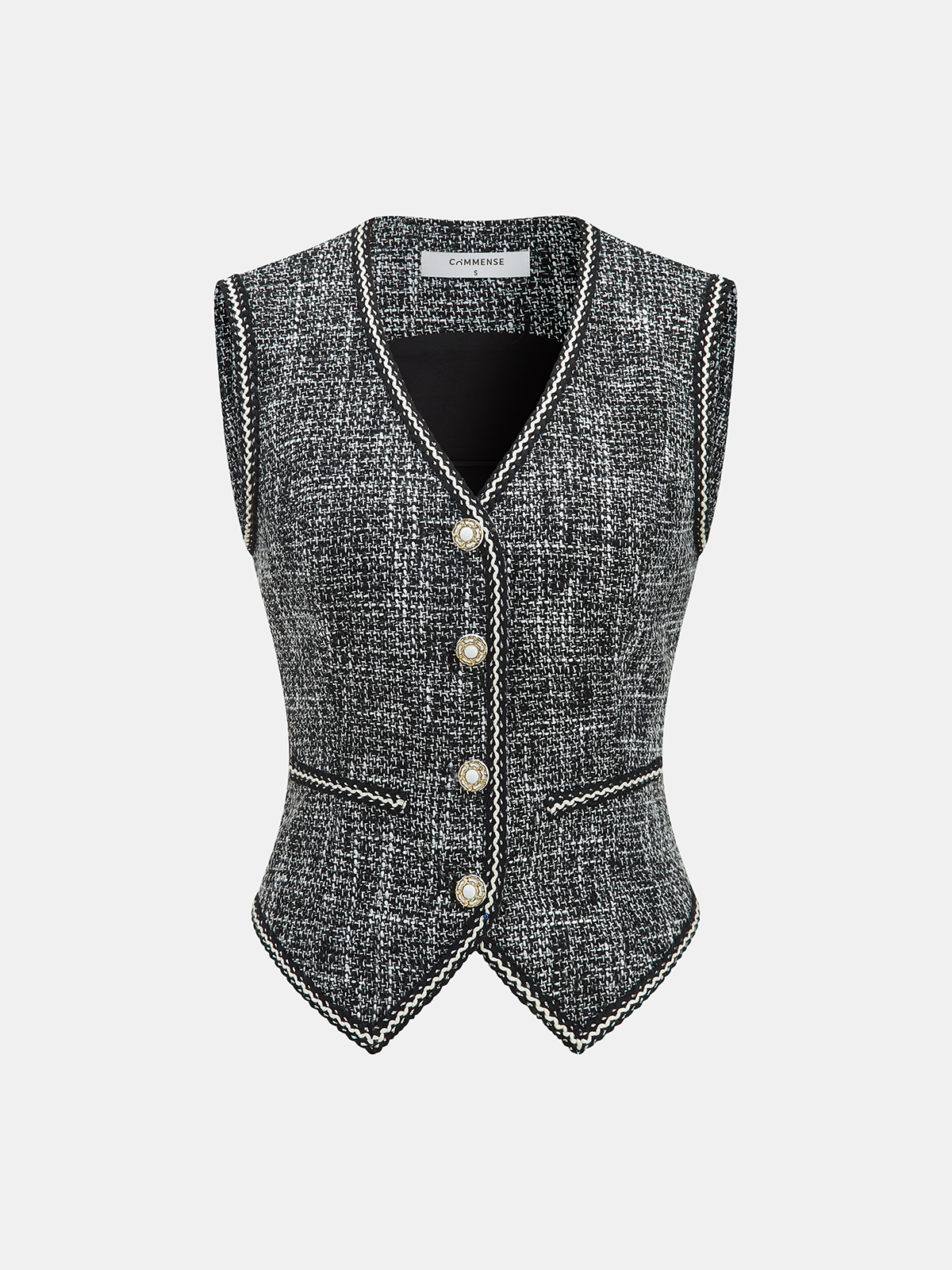 Tweed V-Neck Sleeveless Vest Classic Buttoned Layer Piece