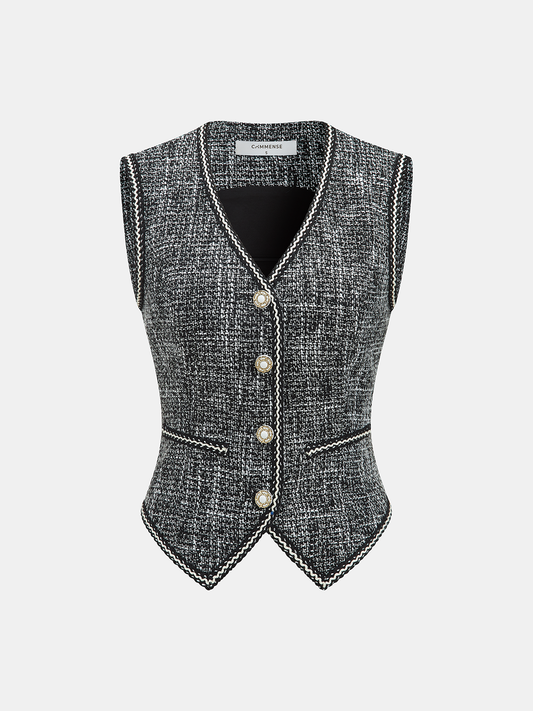 Tweed V-Neck Sleeveless Vest Classic Buttoned Layer Piece