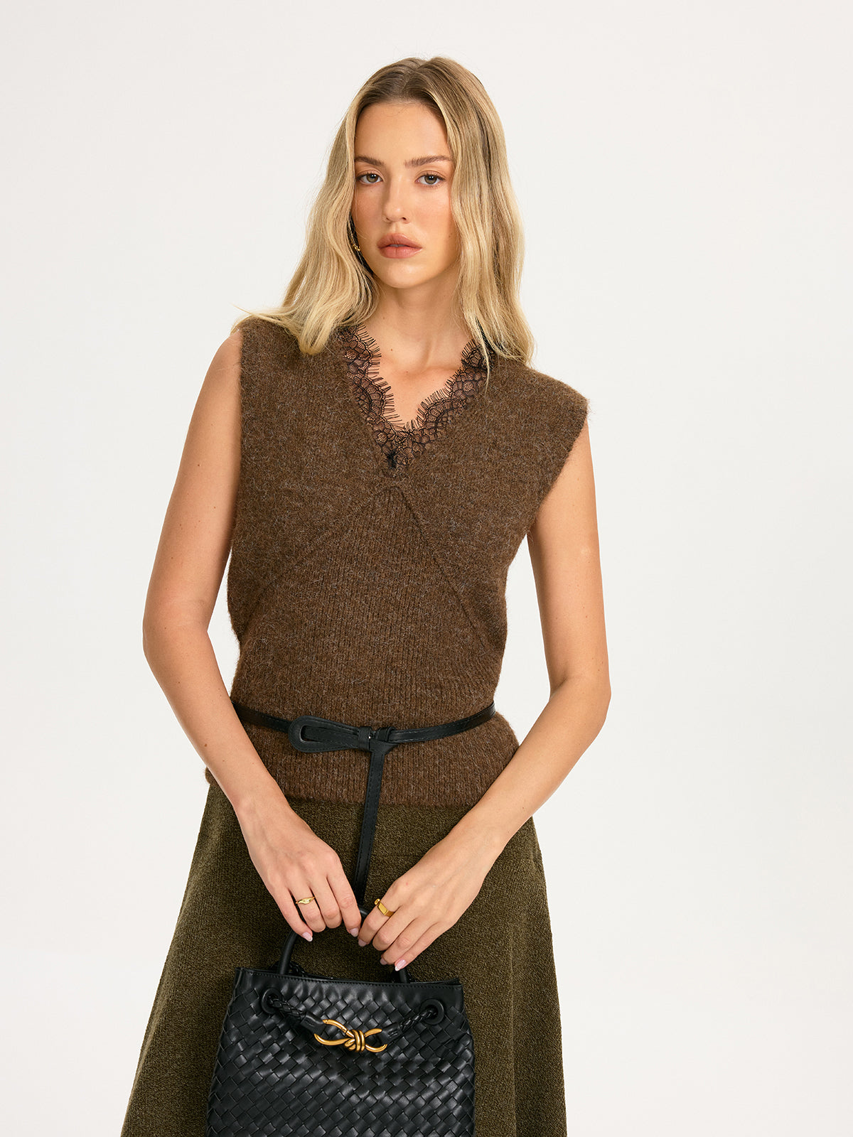 Lace Trim Knit Sleeveless Vest without Belt for Women Summer Casual