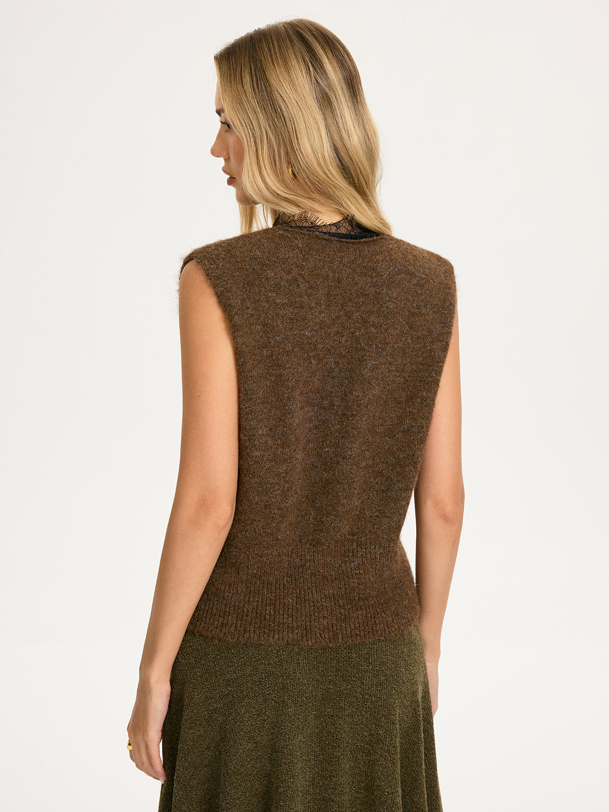 Lace Trim Knit Sleeveless Vest without Belt for Women Summer Casual