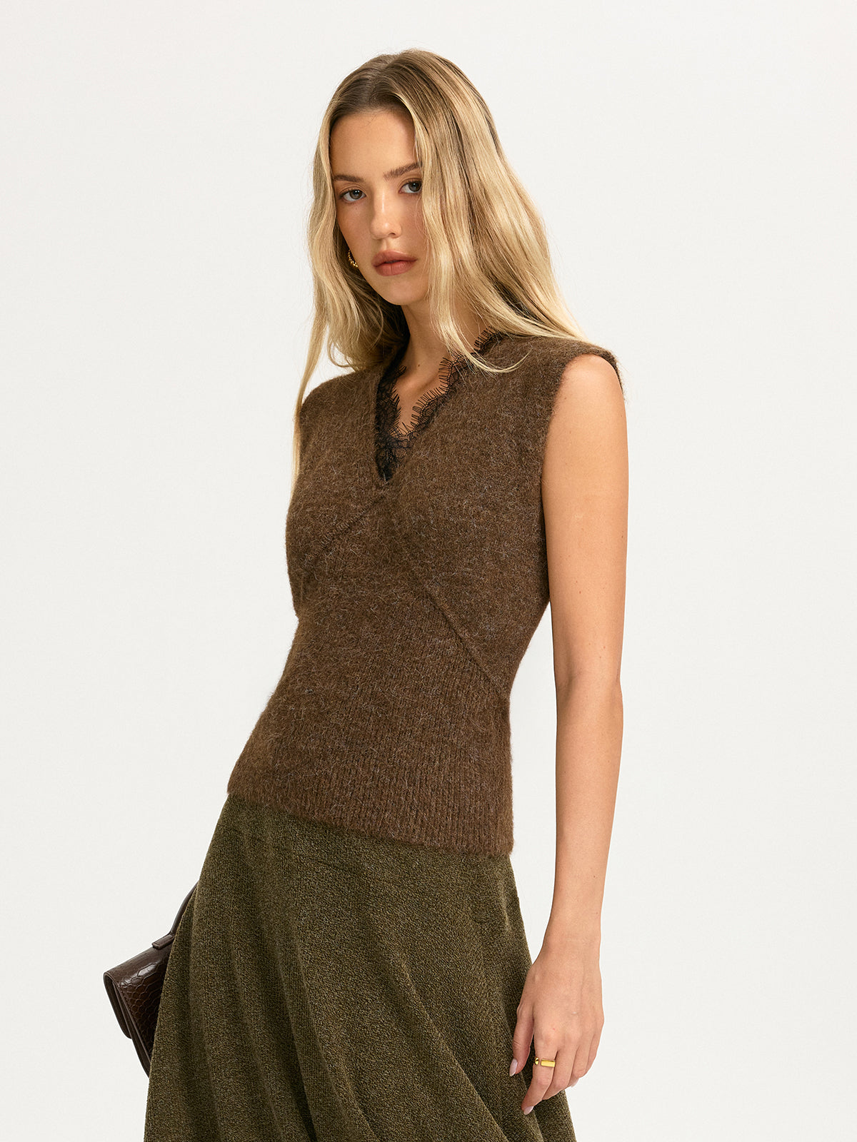 Lace Trim Knit Sleeveless Vest without Belt for Women Summer Casual