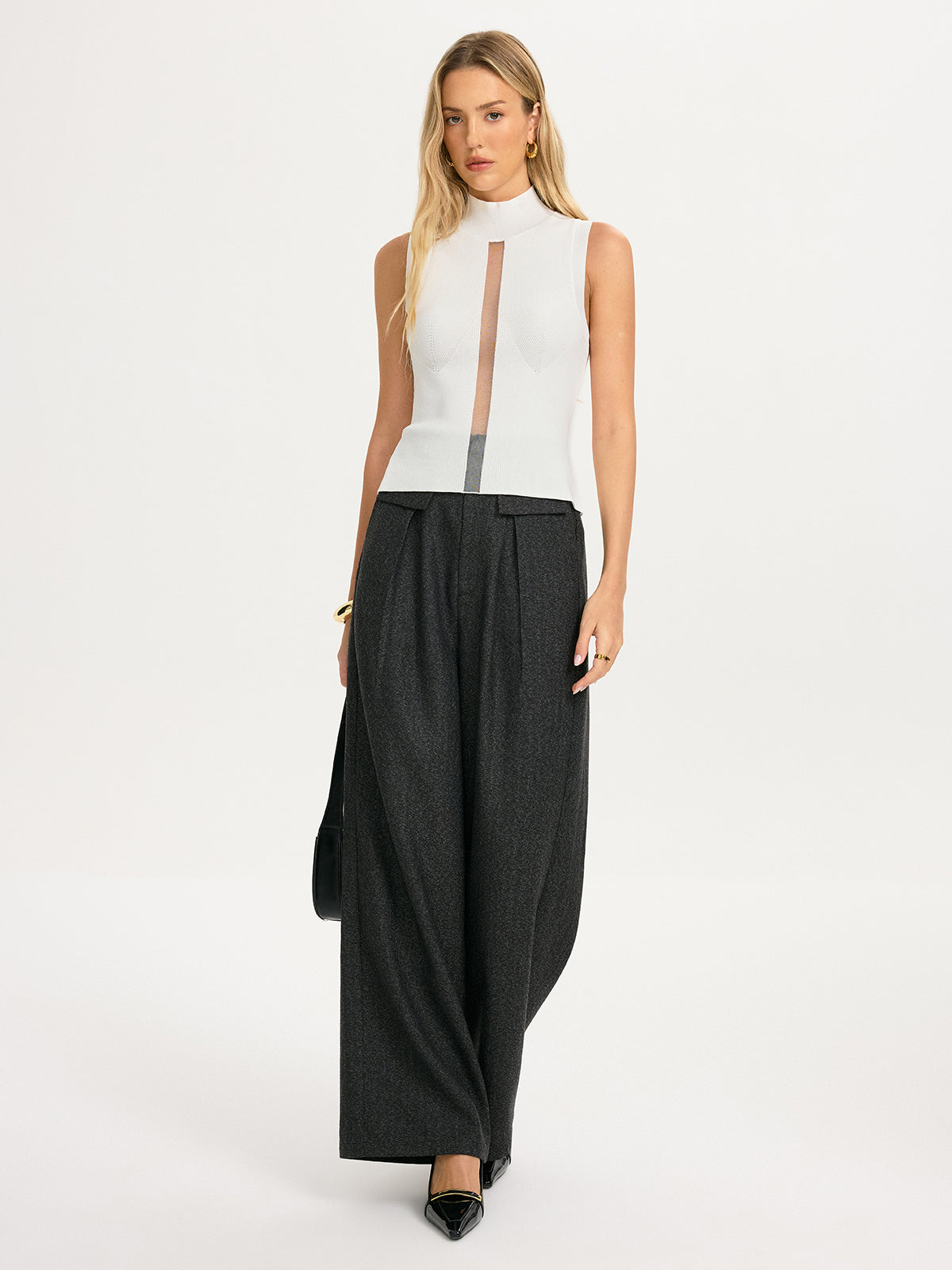 Sheer Panel Sleeveless Mock Neck Knit Top for Women Trendy Fashion