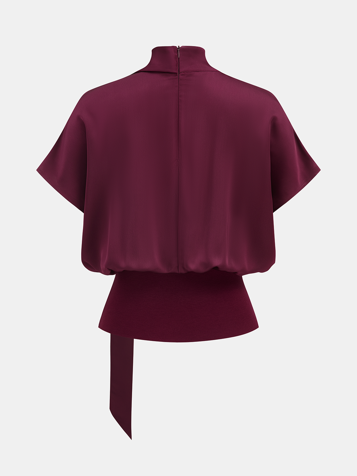 Draped Satin Mock Neck Blouse with Tie for Women, Elegant Long Sleeve Top