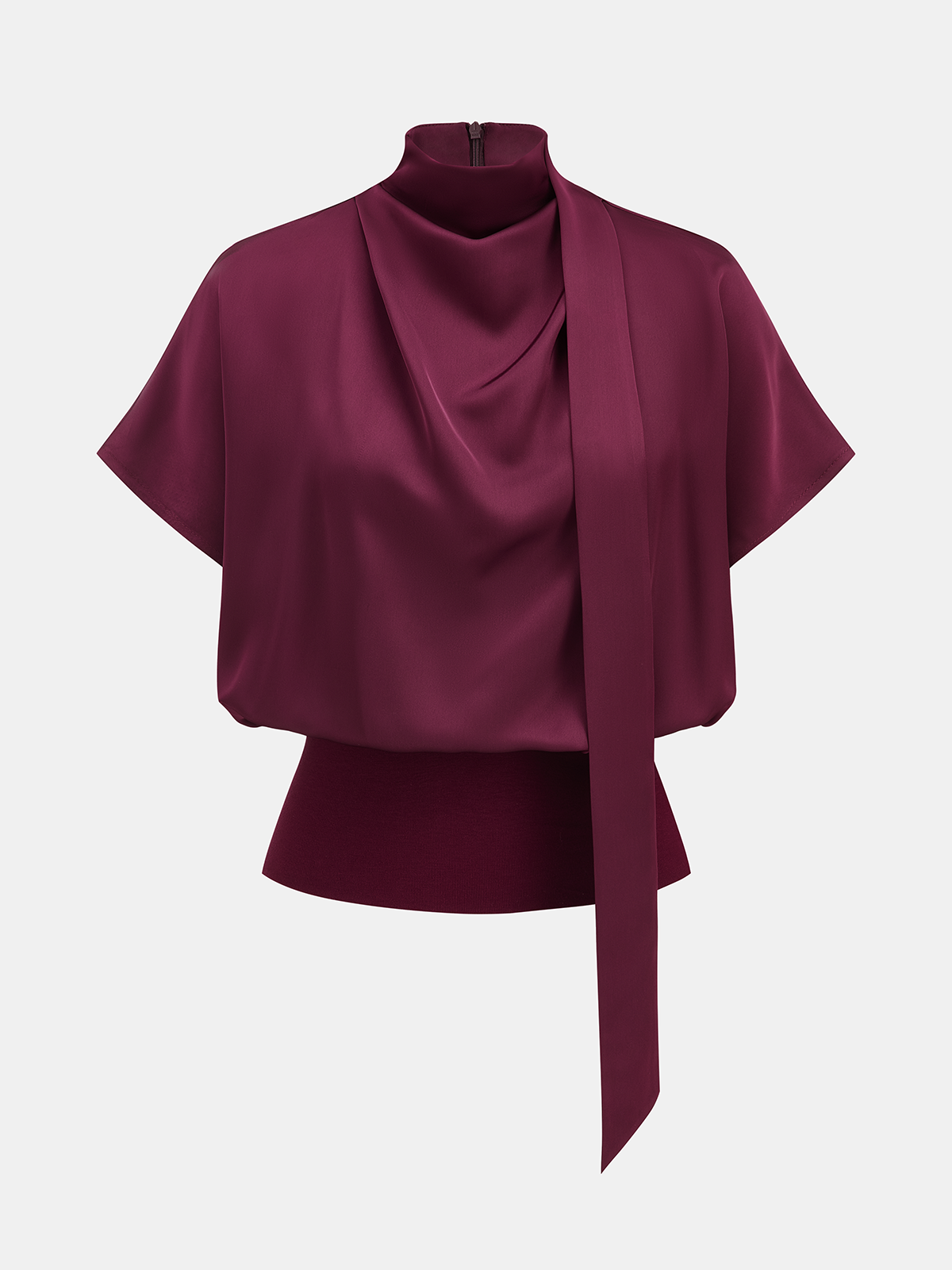 Draped Satin Mock Neck Blouse with Tie for Women, Elegant Long Sleeve Top