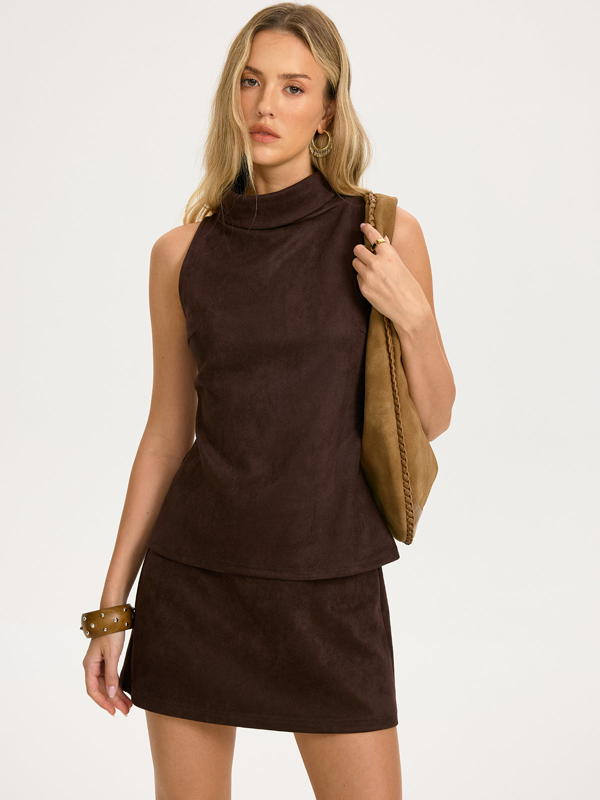 Suede Effect Sleeveless Top & Mini Skirt Set for Women Casual Chic