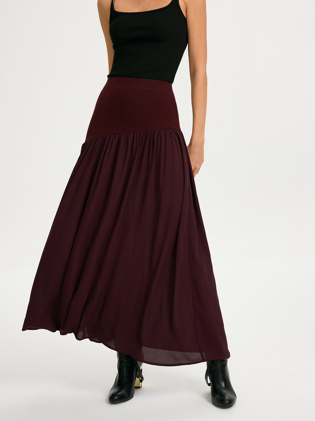 Knit & Chiffon Paneled Flowy Maxi Skirt - Lightweight Summer Fashion Essential