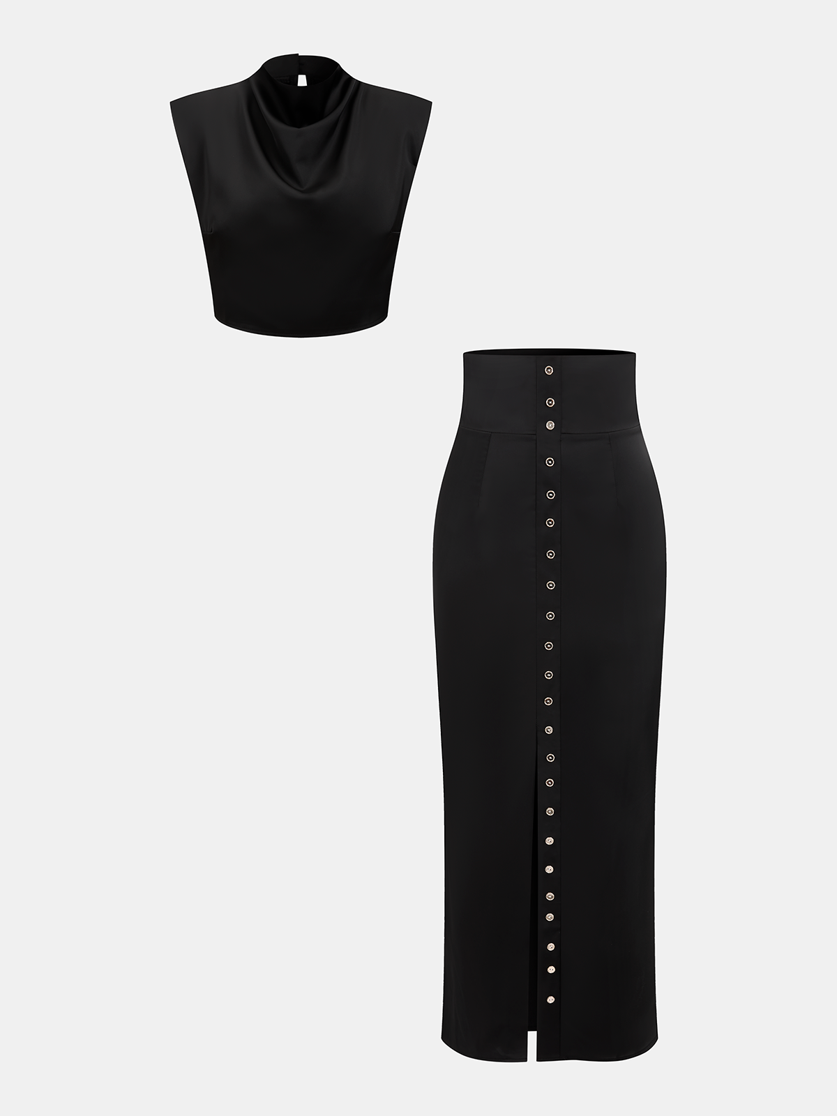 Satin Cowl-Neck Top & High-Waisted Skirt Set for Evening Wear