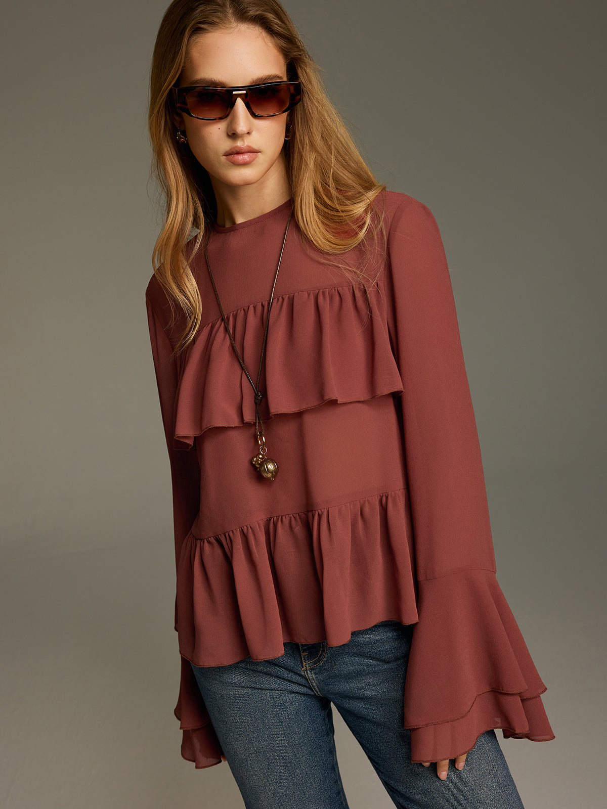 Bell Sleeve Chiffon Tiered Ruffle Blouse Elegant Women's V-Neck Top