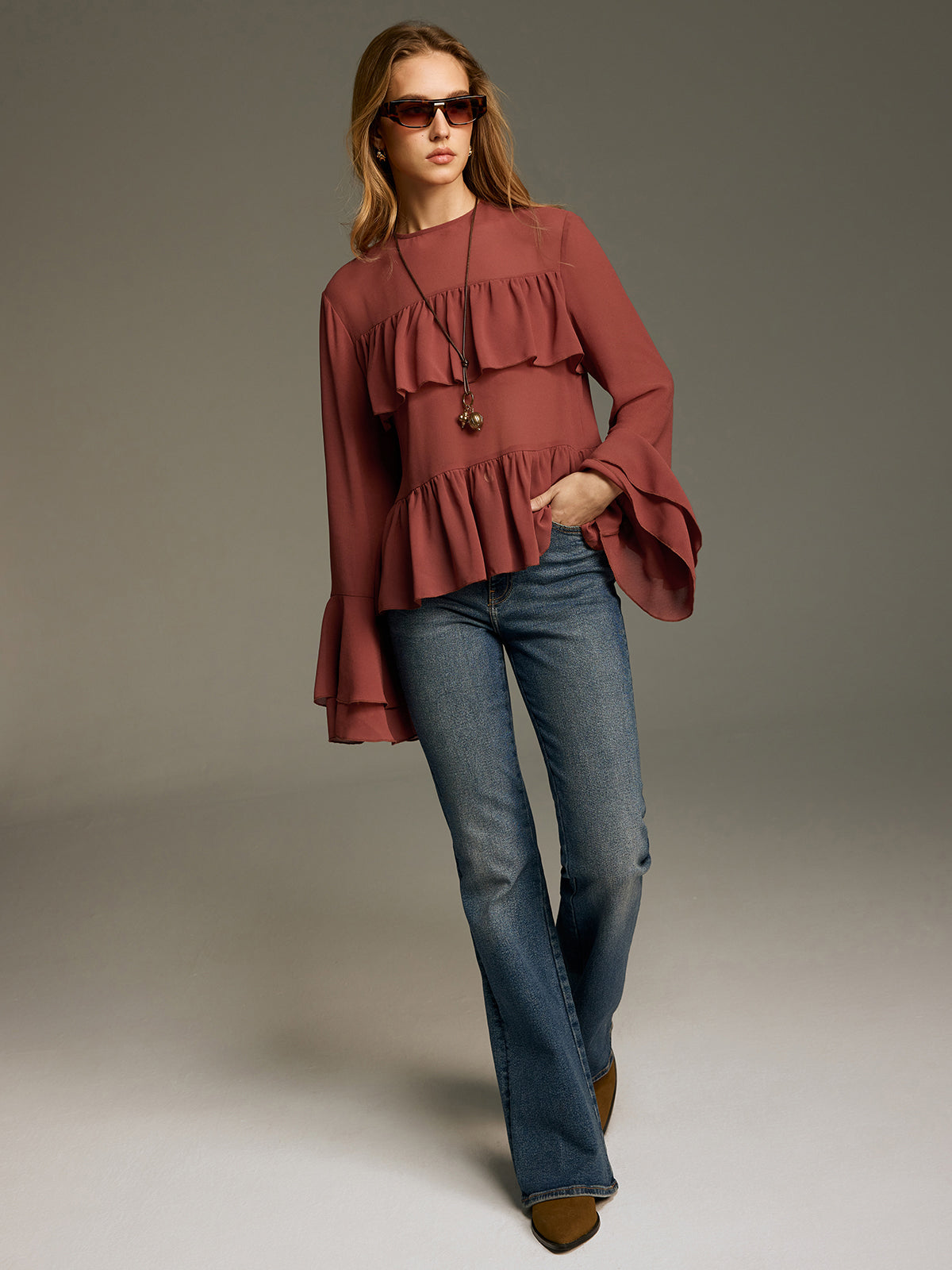 Bell Sleeve Chiffon Tiered Ruffle Blouse Elegant Women's V-Neck Top