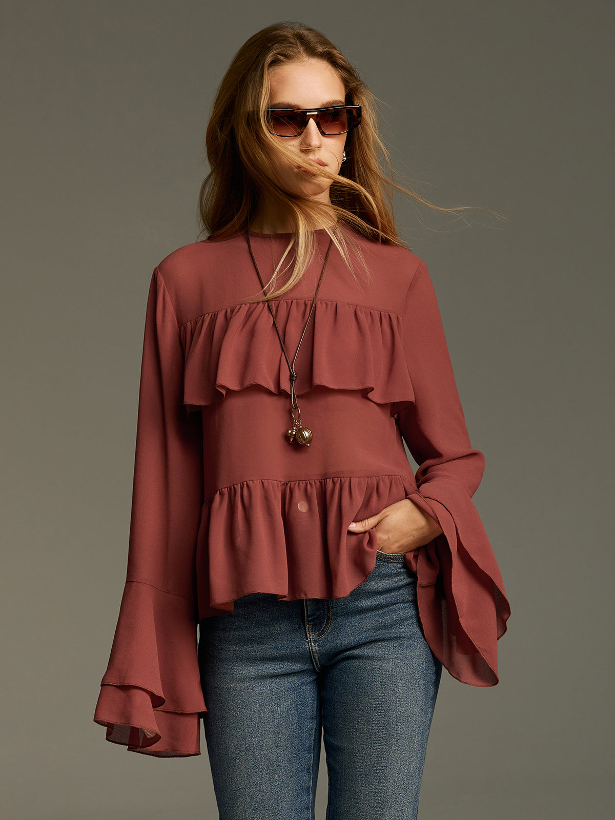 Bell Sleeve Chiffon Tiered Ruffle Blouse Elegant Women's V-Neck Top