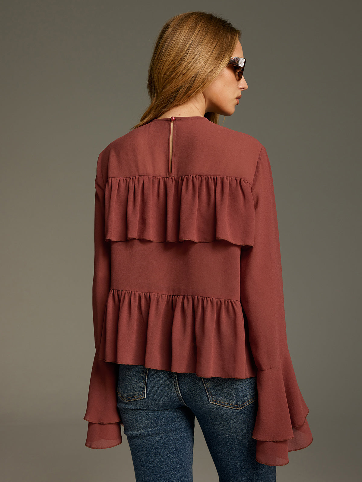 Bell Sleeve Chiffon Tiered Ruffle Blouse Elegant Women's V-Neck Top