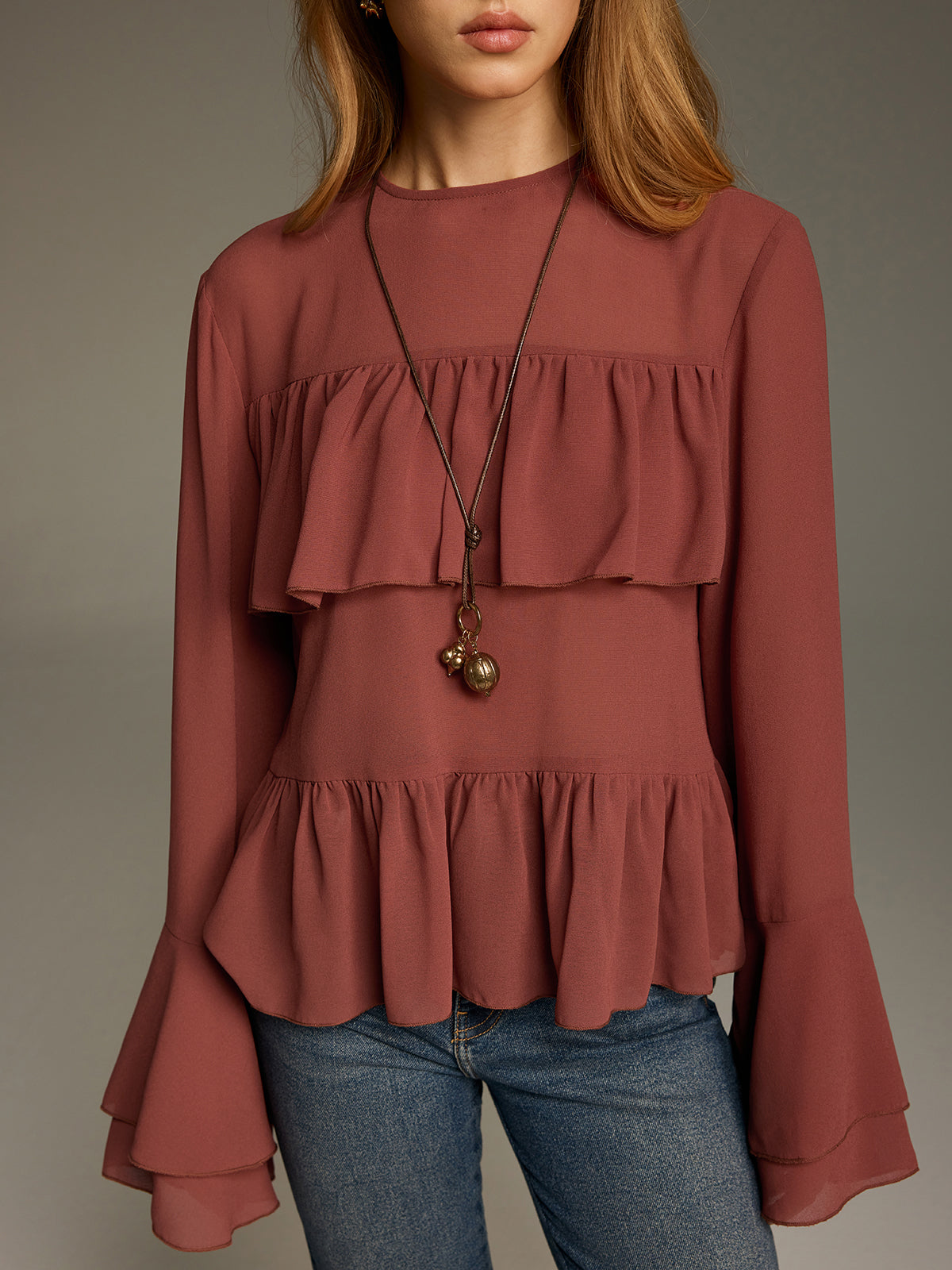 Bell Sleeve Chiffon Tiered Ruffle Blouse Elegant Women's V-Neck Top